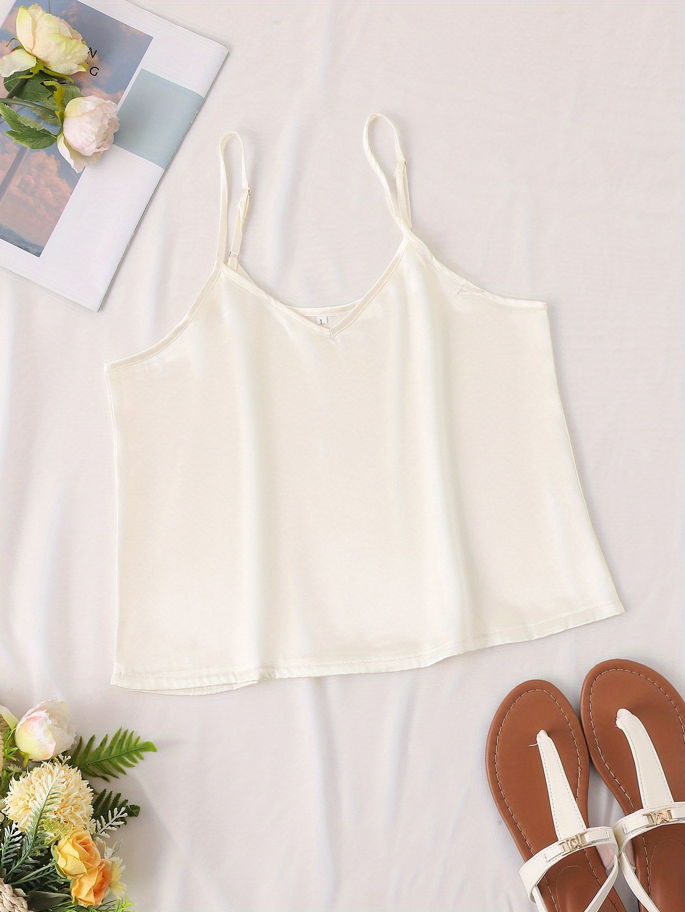 2pcs Elegant Satin Apricot Suspender Top and Tulip Print Pants Set for Women - Sleeveless, Button Detail, All-Season Sleepwear, Home Wear, Adult Size, Elegant Sleepwear|Tulip Pattern Pants|Satin Apricot Top, Apricot Sleepwear