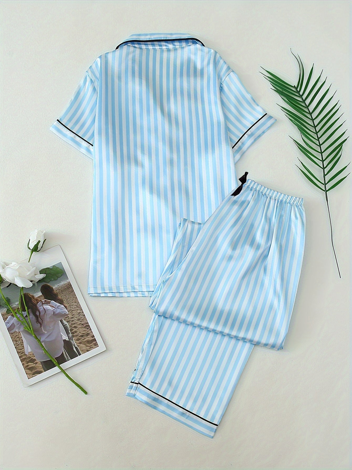 [2-Piece Satin Pajama Set] Satin Two-Piece Women's Pajama Set | Autumn Short Sleeve Hemmed Collar Top and Bow Trousers Striped