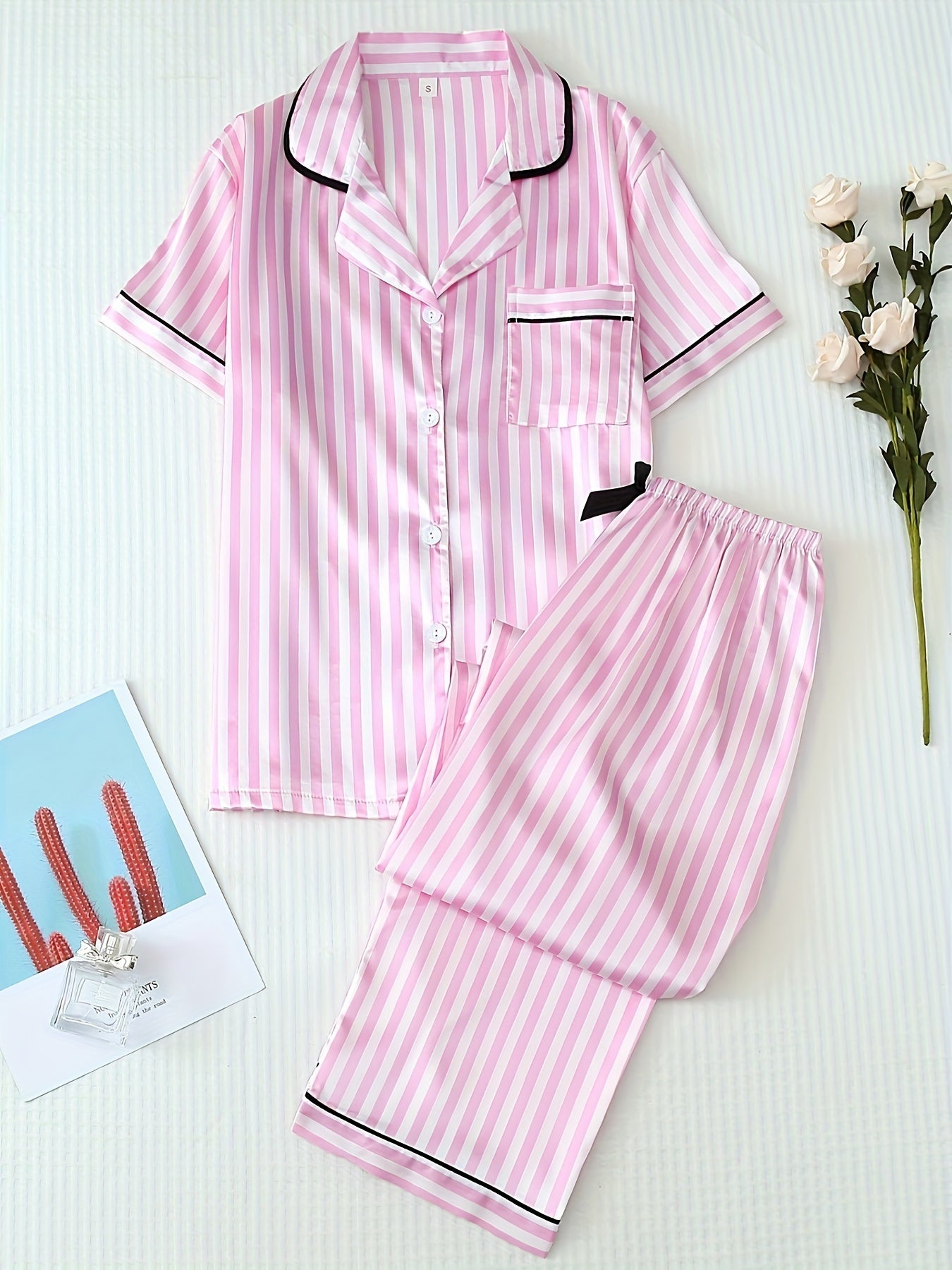 [2-Piece Satin Pajama Set] Satin Two-Piece Women's Pajama Set | Autumn Short Sleeve Hemmed Collar Top and Bow Trousers Striped
