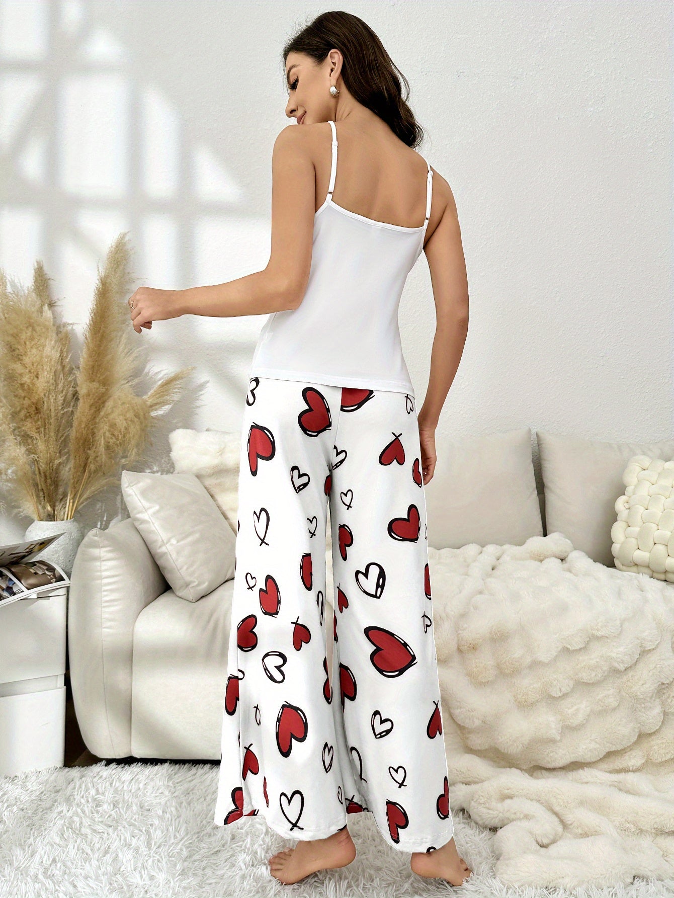 3 sets of 6pcs, Women's casual polyester black, blue and white camisole top long pants pajama set, heart, flower print, fabric, short sleeve top with trousers comfortable home casual loungewear sexy can be worn outside