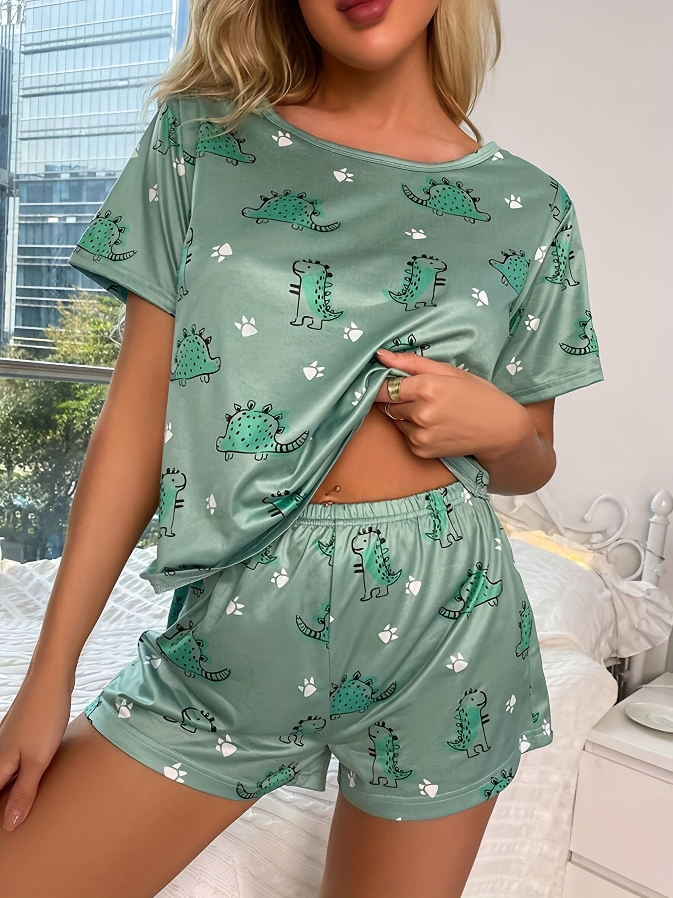 Pajama Set For Women 2 Piece Lounge Set Short Sleeve Tops And Shorts Soft And Cute Cartoon Short Sleeved Shorts Sleepwear