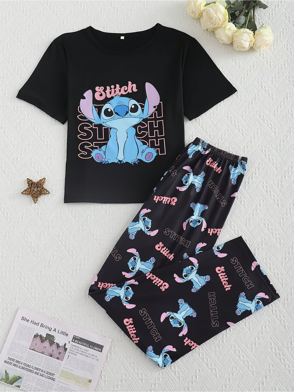 Disney Stitch Two-piece Set Women'S Sleepwear Set, White Set with Cute Cartoon Print Of Stitch Pattern, Round Neck Short Sleeved Top And Pants, Comfortable Fabric Home Suit Set, Thin Material
