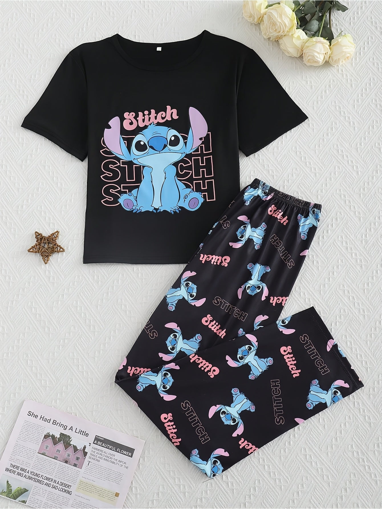 Disney Stitch Two-piece Set Women'S Sleepwear Set, White Set with Cute Cartoon Print Of Stitch Pattern, Round Neck Short Sleeved Top And Pants, Comfortable Fabric Home Suit Set, Thin Material