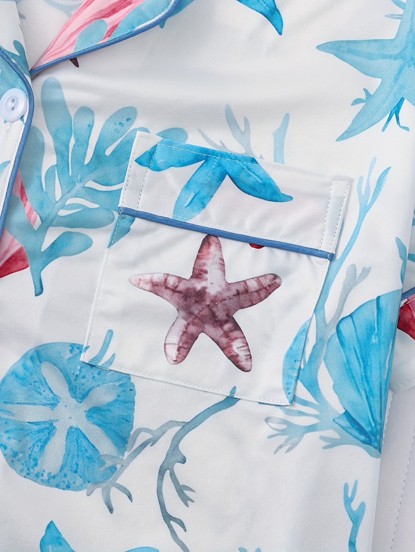 Two Piece Women'S Elegant Polyester Pajama Set, Knitted Fabric, Comfortable For All Seasons, Short Sleeved Button Top, Collar And Same Shorts, With Starfish Seaweed Print And Pocket Details, Suitable For Adult Pajama Set