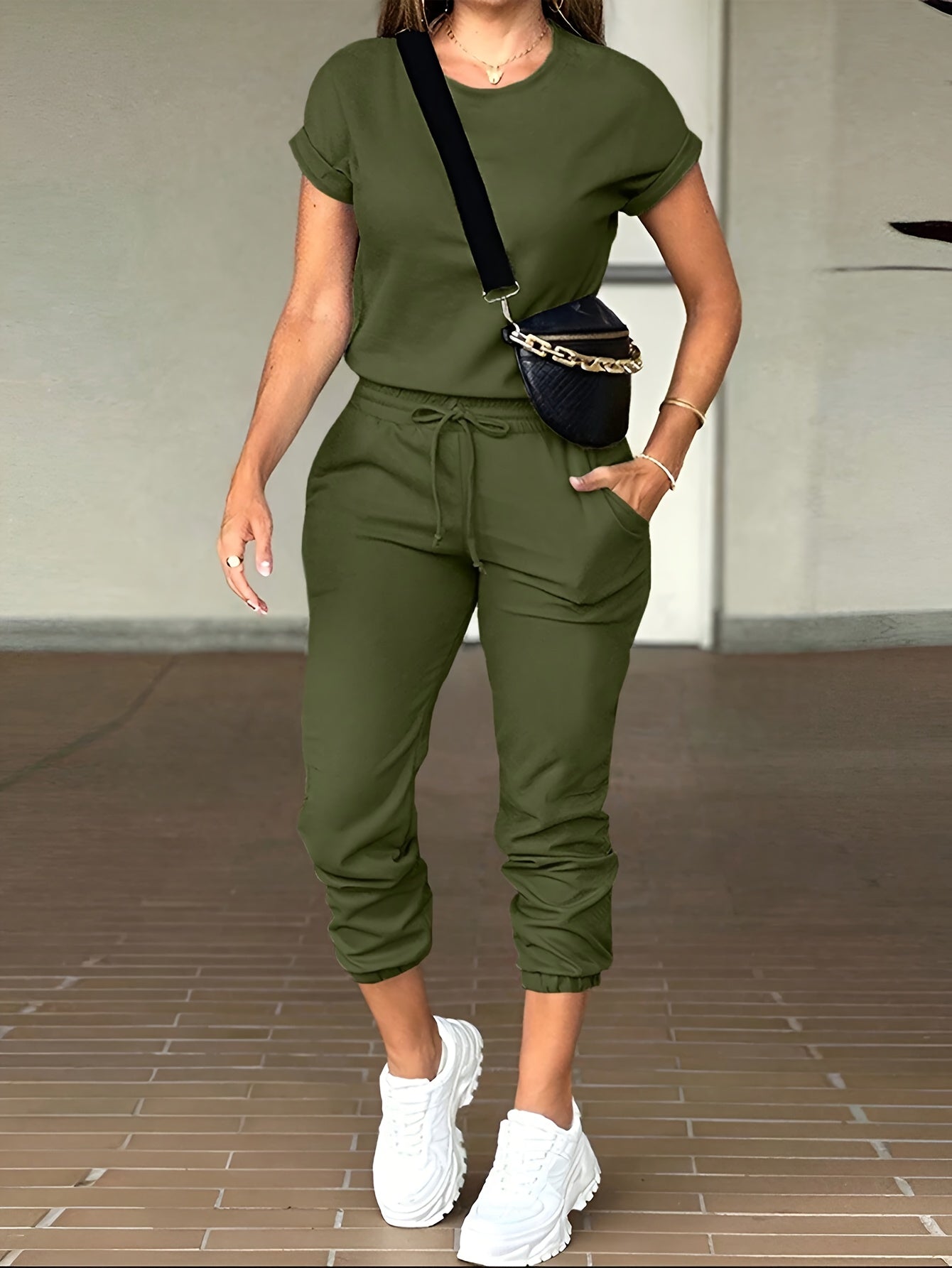 [Solid Color Suit] 2pcs Women Solid Color Casual Suit - Round Neck Short Sleeve Top And Drawstring Pocket Long Pants