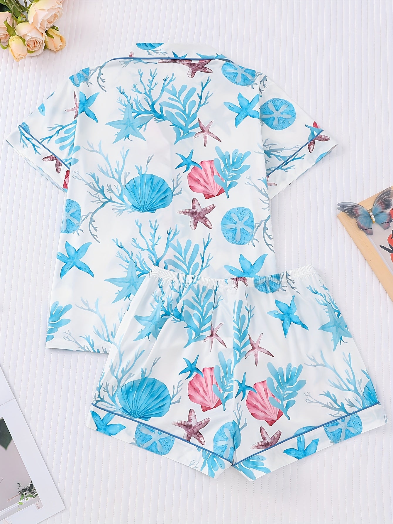 Two Piece Women'S Elegant Polyester Pajama Set, Knitted Fabric, Comfortable For All Seasons, Short Sleeved Button Top, Collar And Same Shorts, With Starfish Seaweed Print And Pocket Details, Suitable For Adult Pajama Set