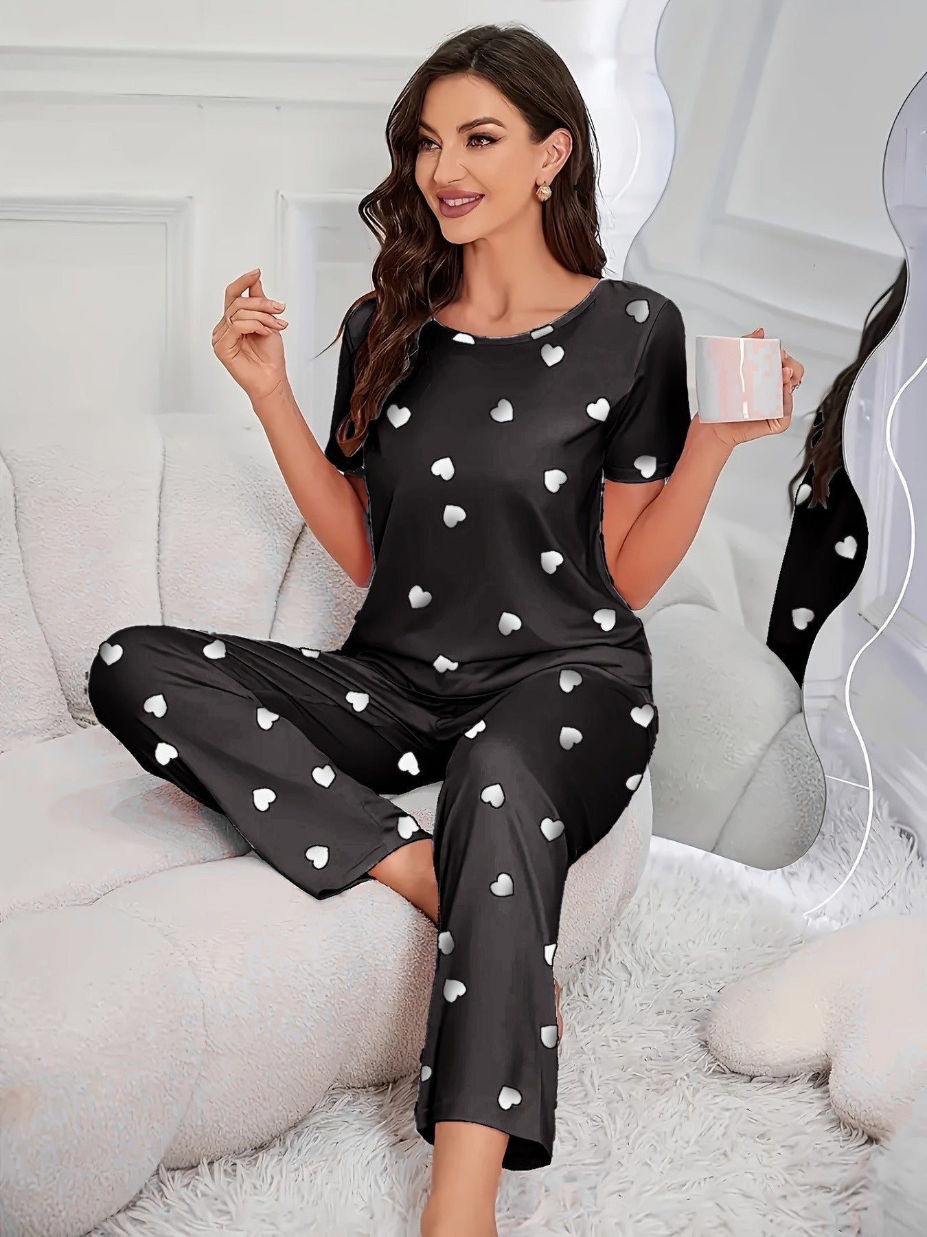 4pieces Sets Women'S Heart Print Pajamas Set, Casual Comfortable Short Sleeve T-Shirt & Elastic Waist Trousers Pj Set, Ladies Sleepwear For All Seasons