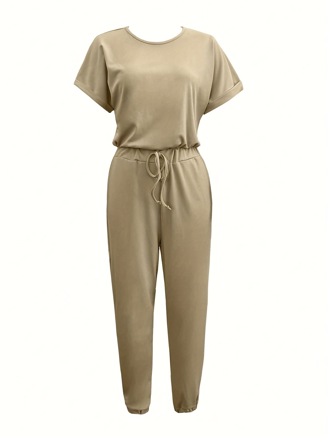 [Solid Color Suit] 2pcs Women Solid Color Casual Suit - Round Neck Short Sleeve Top And Drawstring Pocket Long Pants