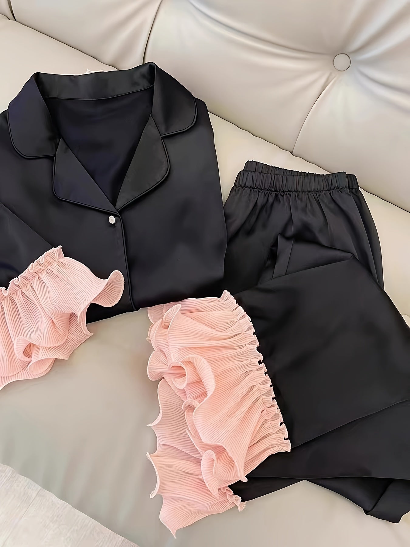 [Silky Satin Pajamas] Satin Pajamas Women's Loose Set | Ice Silky with Mushroom Edge | Can Be Worn As Outerwear Or Pajamas