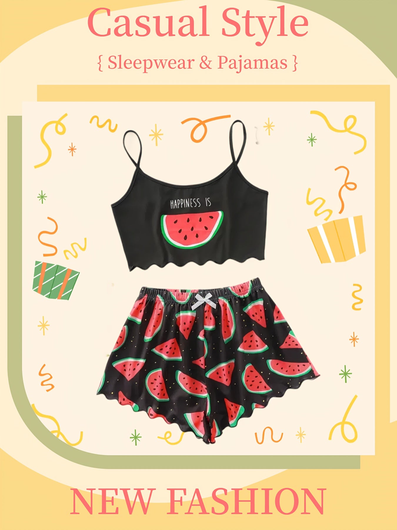 Women'S Casual Pajama Set, Simple Print, Thin Shoulder Strap Top and Shorts, Comfortable for All Seasons, Pajamas and Loungewear