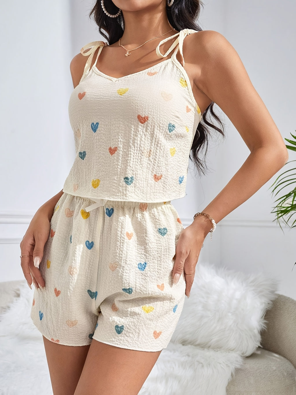 [QEILS Sexy Pajama Sets] QEILS Women's Sexy Pajama Sets - Polyester Blend, Heart Pattern, Strapless, Short Sleeve, Spring/Summer/Fall Loungewear, Casual Home Wear, Playful Design
