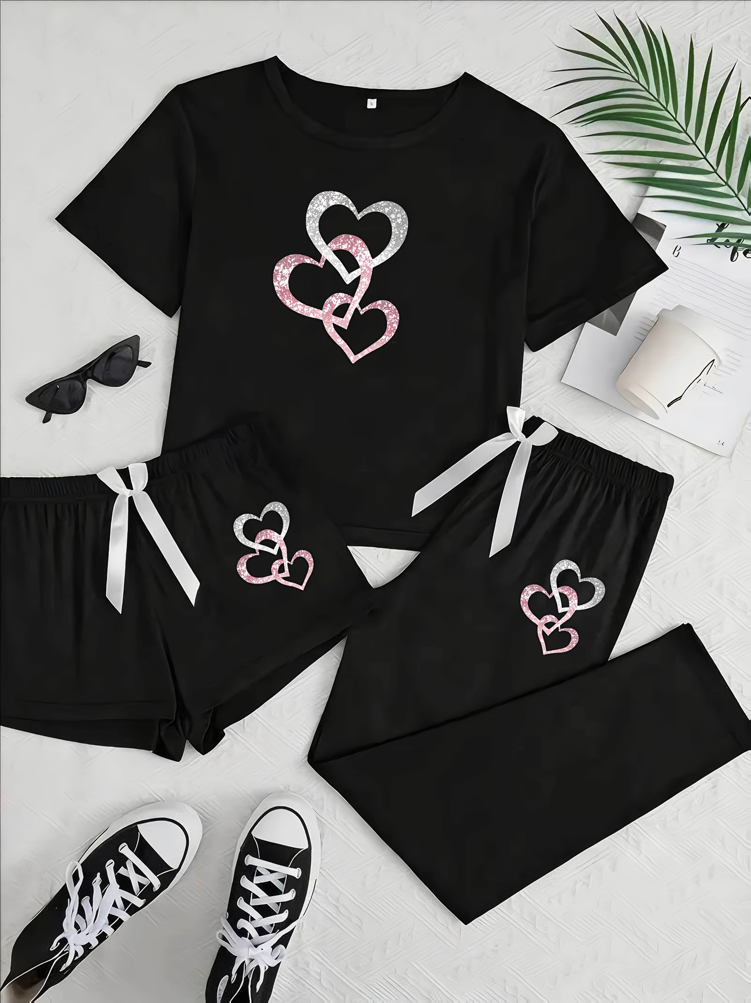 3pcs Women's pajama set with sparkling heart print, featuring a casual round-neck short-sleeve top and long pants, sweet patterned design, suitable for multiple seasons