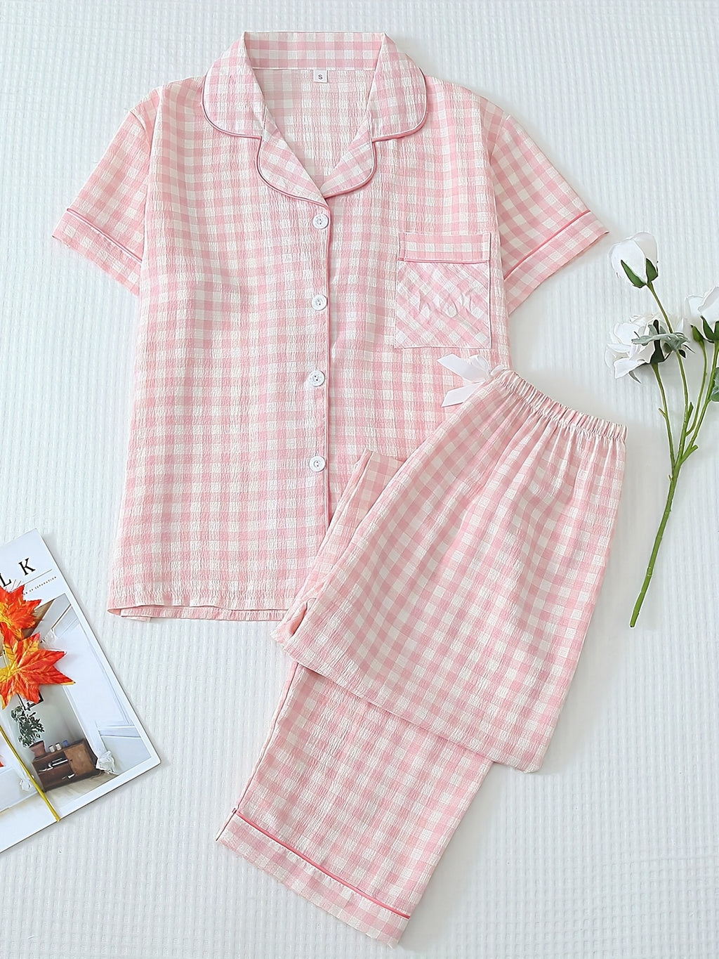 Checkered Print Pajama Set, Short-sleeved V-neck Button- Shirt And Stretch Trousers, Polyester Pajama Set, Machine Washable