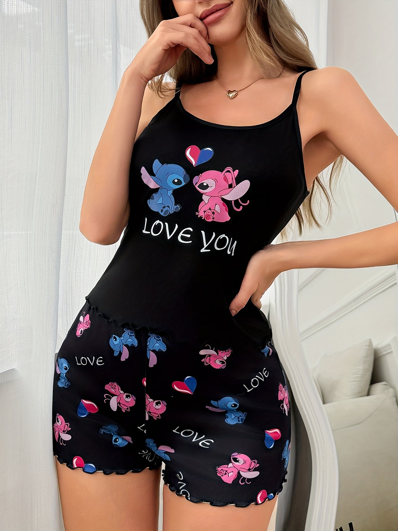 Disney themed Stitch and Angel Women'S Suspender Shorts Pajama Set Cute and Trendy Printed Suspender Top and Pants Two-Piece Set