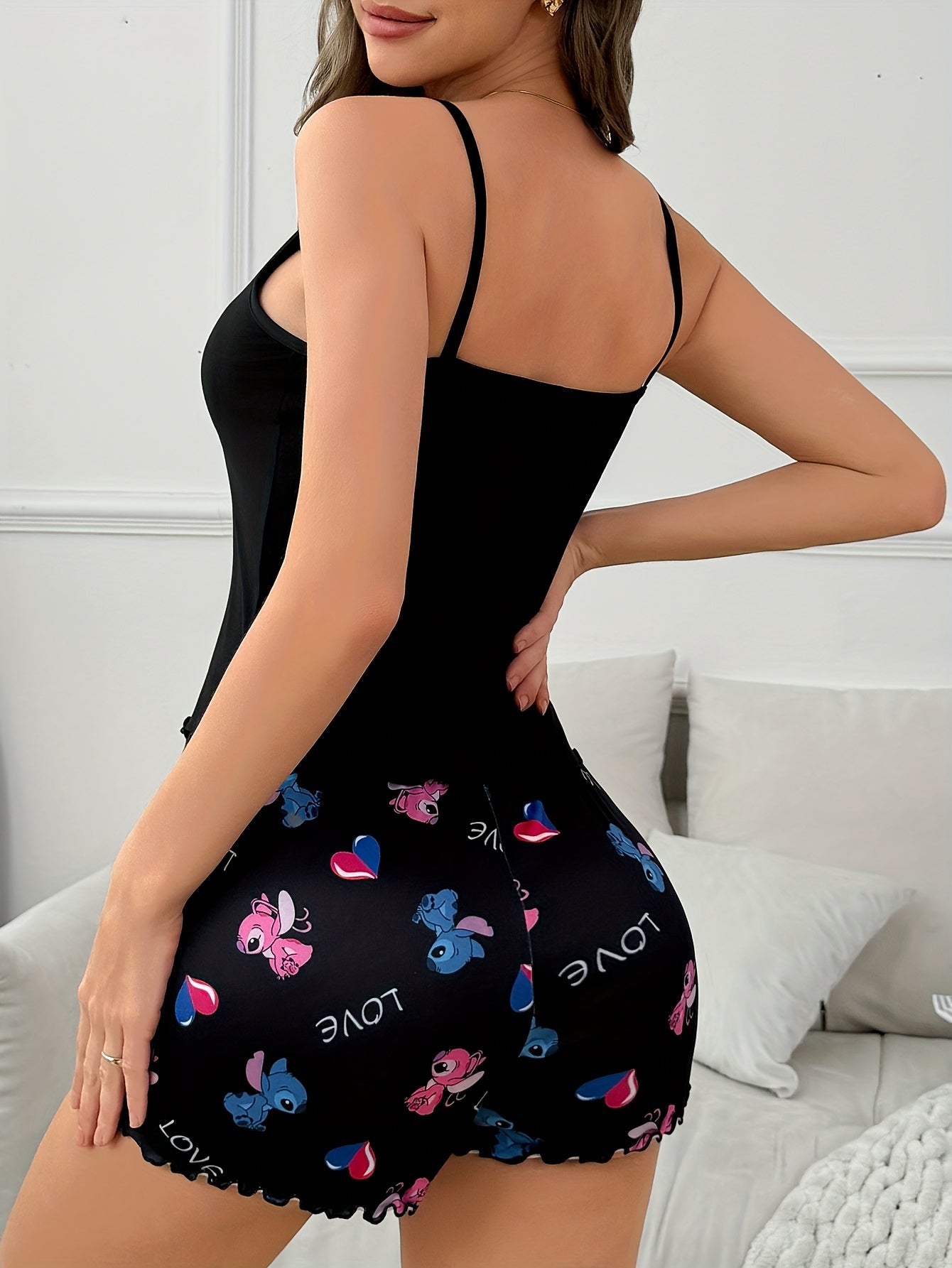 Disney themed Stitch and Angel Women'S Suspender Shorts Pajama Set Cute and Trendy Printed Suspender Top and Pants Two-Piece Set