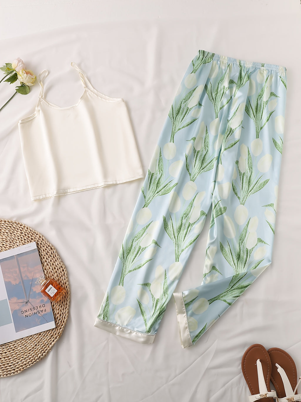 2pcs Elegant Satin Apricot Suspender Top and Tulip Print Pants Set for Women - Sleeveless, Button Detail, All-Season Sleepwear, Home Wear, Adult Size, Elegant Sleepwear|Tulip Pattern Pants|Satin Apricot Top, Apricot Sleepwear