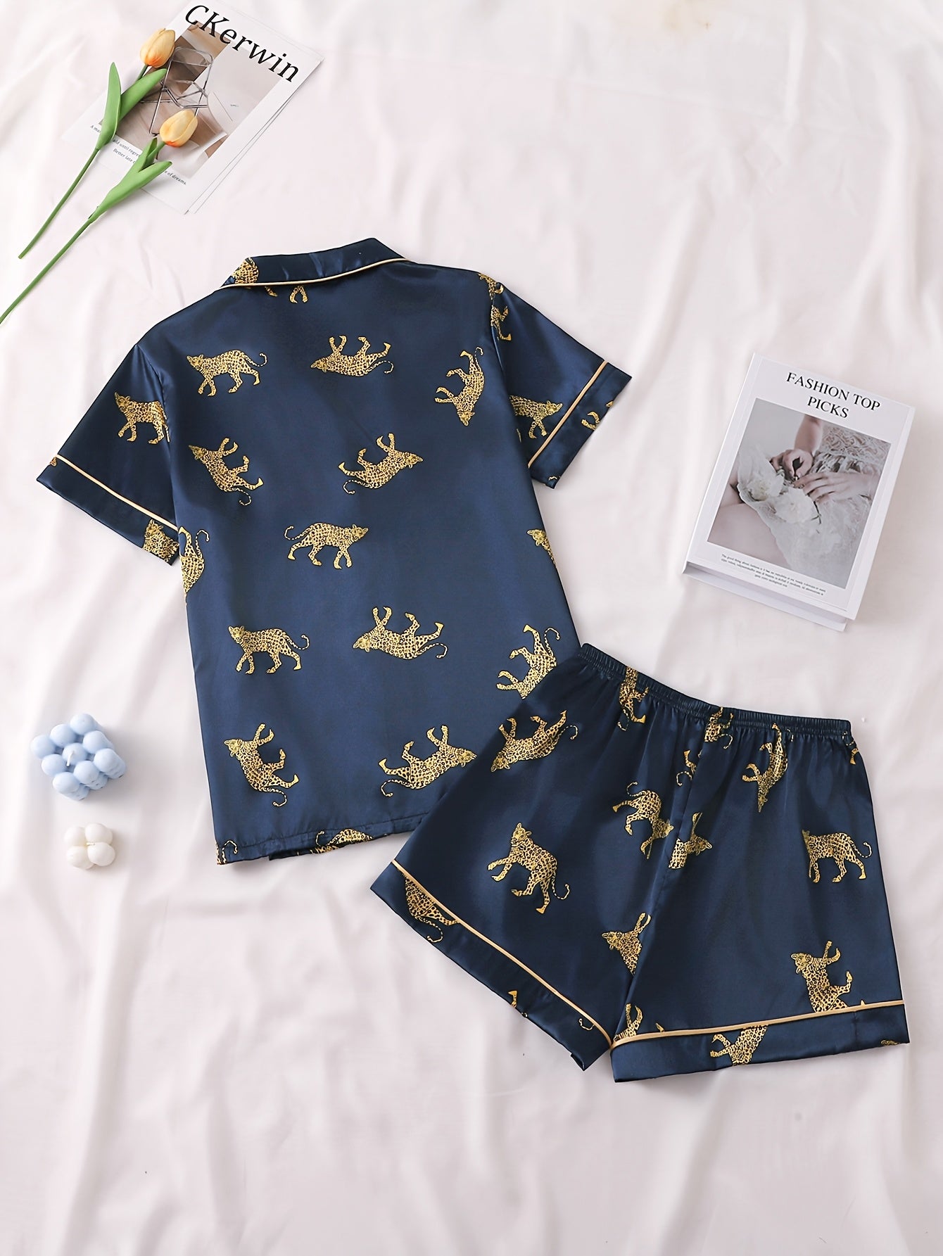 Women'S Green Tiger Print Satin Pajama Set - Elegant Two-Piece Loungewear with Button- Shirt & Shorts, Comfortable Casual Sleepwear for Bridesmaids & Casual Attire, Bridesmaid Outfit | Stylish Loungewear | Satin Finish, Ladies Pajamas