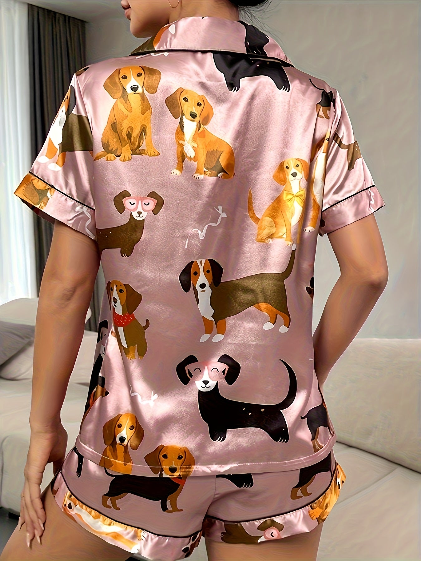 2pcs Set Of Satin Bean Paste Cartoon Dog Pajamas, Women's Short Sleeved Stand Up Collar Top And Shorts Pajamas Home Wear, 2pcs Set