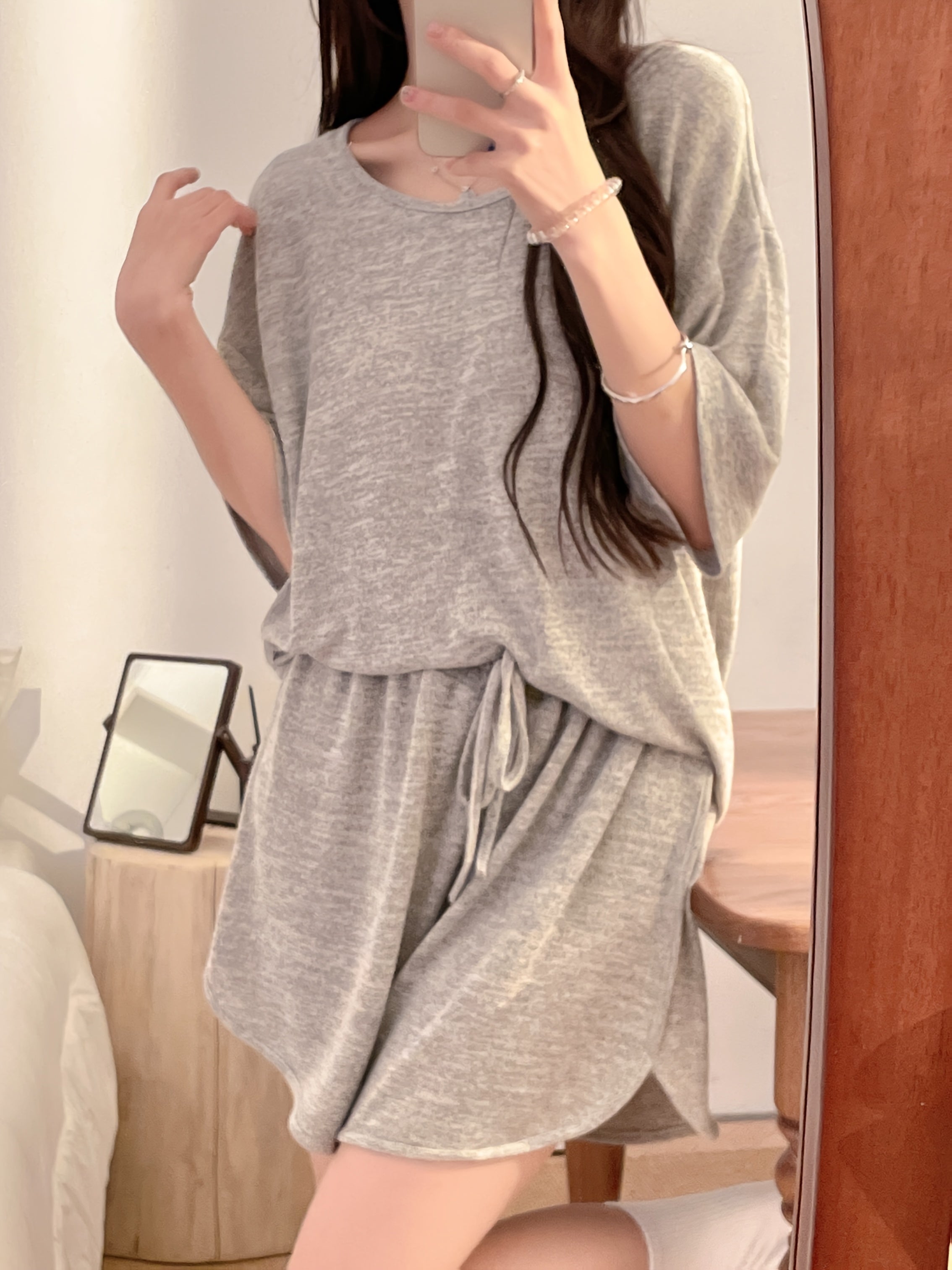 High-Quality Short Sleeve Shorts Solid Color Simple Loose Sleepwear with Built-in Bra Women's Summer Home Wear Two-Piece Set