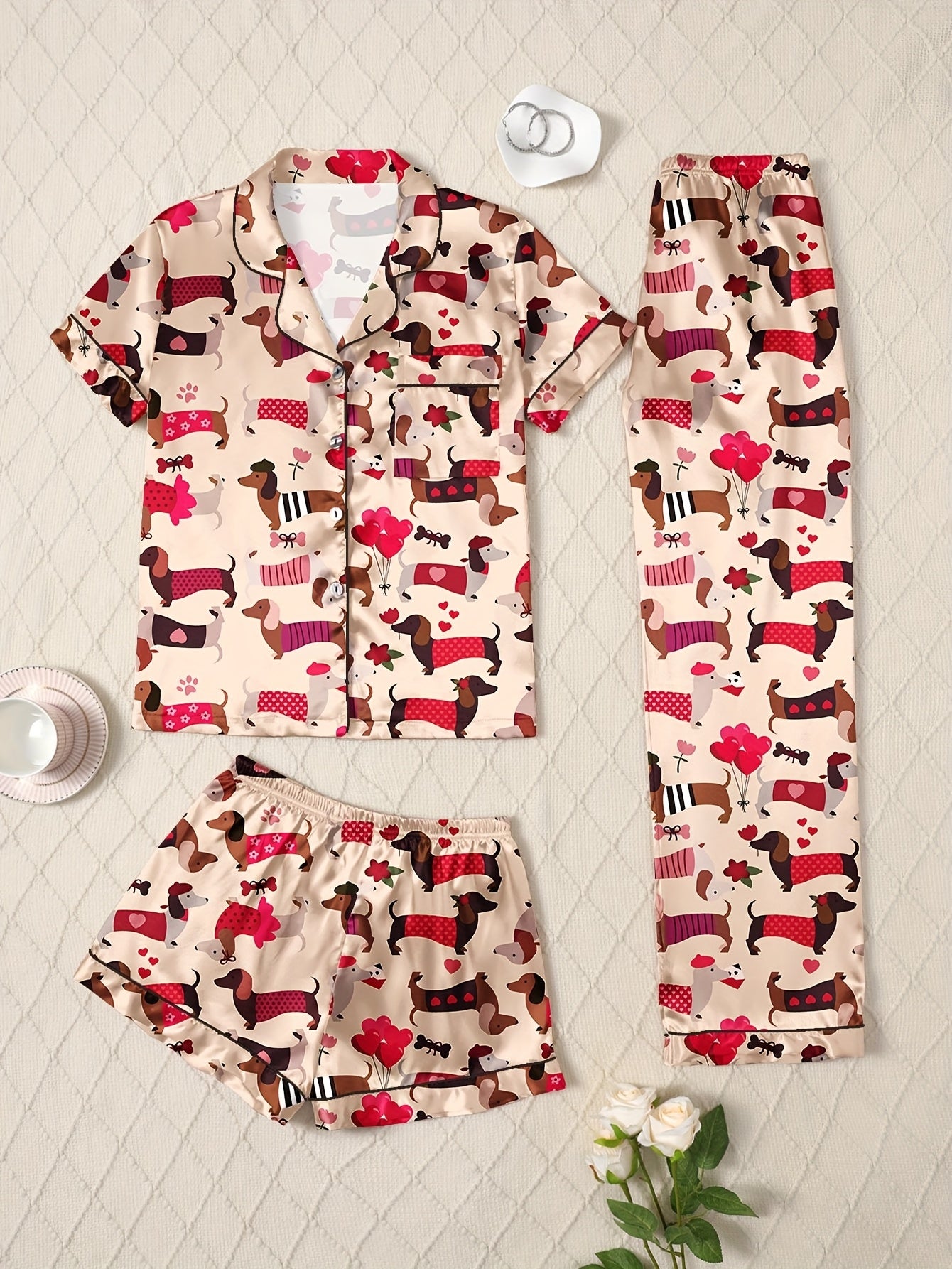 Colorful Dachshund Three-Piece Set: Pajama Top, Pants, and Dog Pajamas - Cozy Autumn/Winter Outfit with Playful Animal Print, Casual Style, Polyester Blend, Adult Size, Cute Pajamas