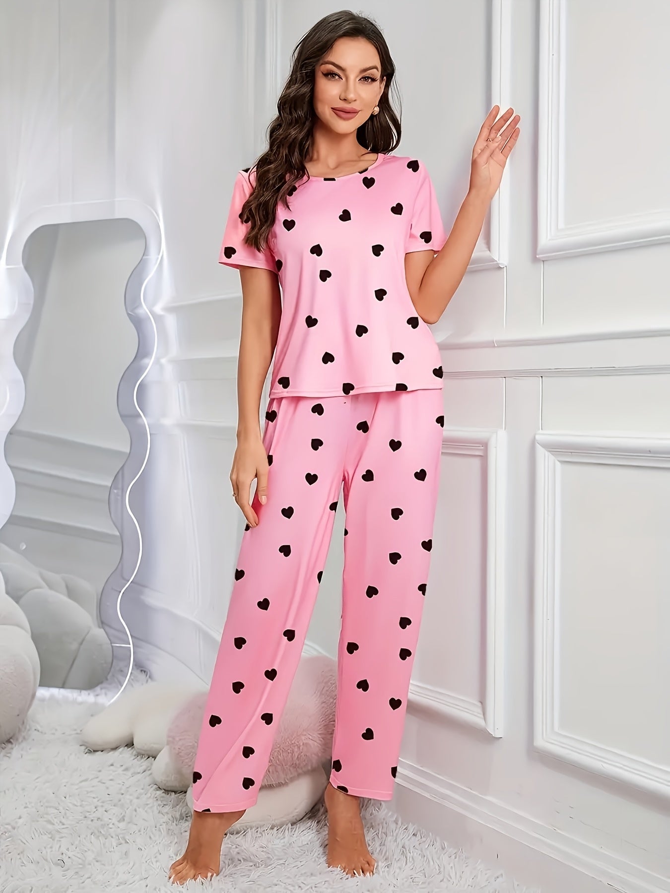 4pieces Sets Women'S Heart Print Pajamas Set, Casual Comfortable Short Sleeve T-Shirt & Elastic Waist Trousers Pj Set, Ladies Sleepwear For All Seasons