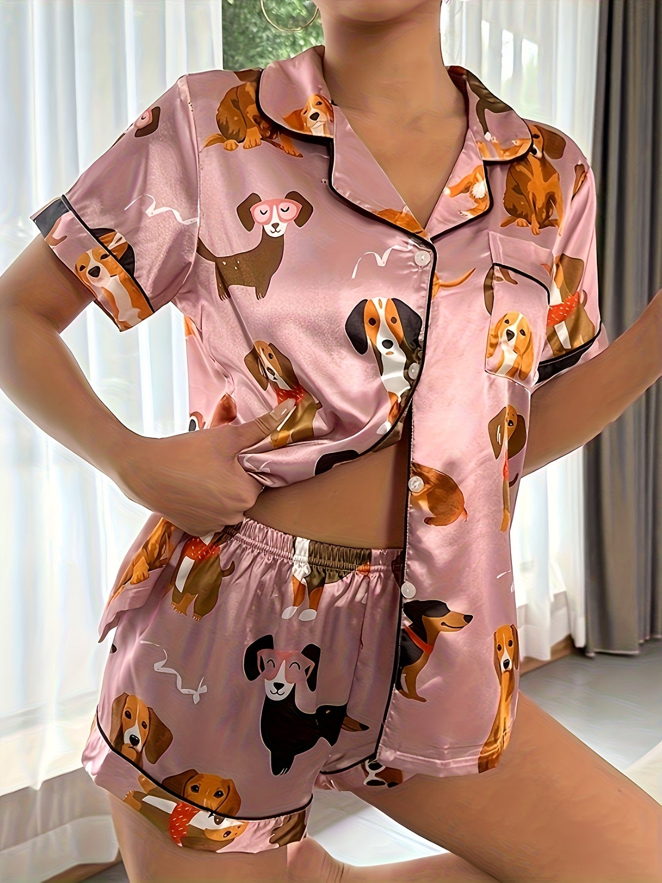 2pcs Set Of Satin Bean Paste Cartoon Dog Pajamas, Women's Short Sleeved Stand Up Collar Top And Shorts Pajamas Home Wear, 2pcs Set