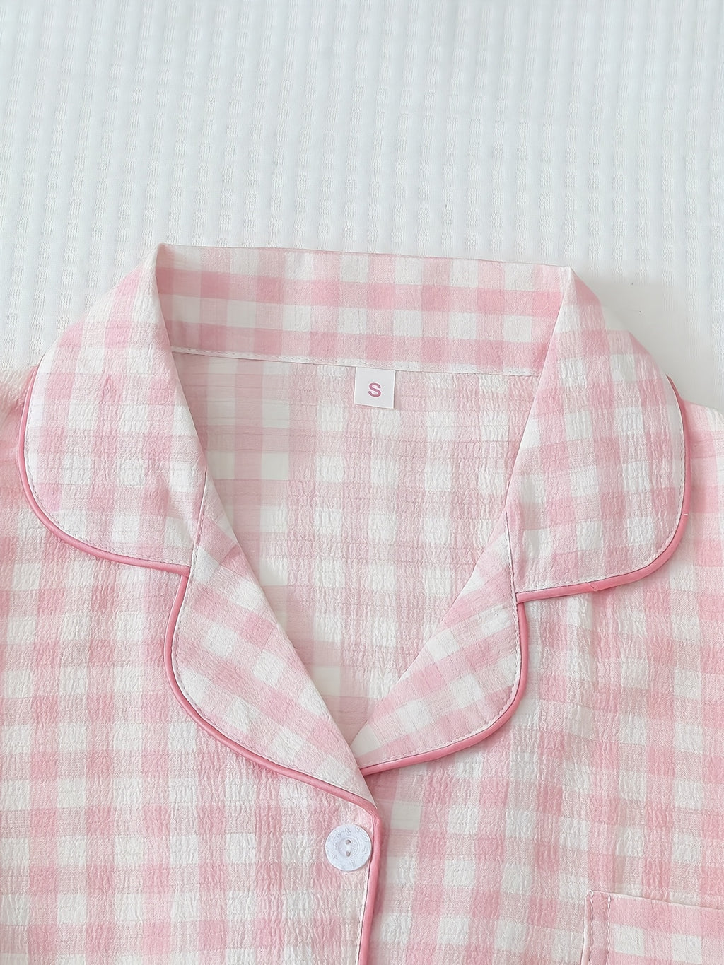 Checkered Print Pajama Set, Short-sleeved V-neck Button- Shirt And Stretch Trousers, Polyester Pajama Set, Machine Washable