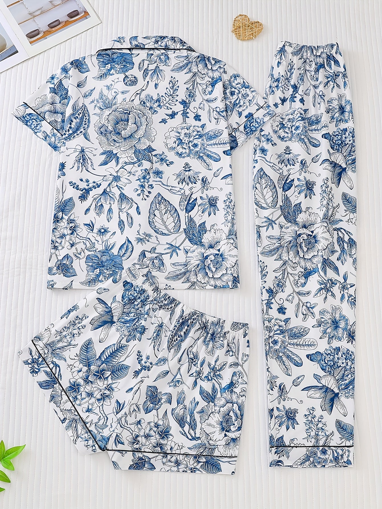 Three Piece Women's Pajama Set, Knitted Fabric, Comfortable to Wear, Short Sleeved Button Up Top And Matching Shorts with Pants, Collar And Pocket Details, Full Body Print, Elegant Pajama Set, Suitable for Women's Pajama Set