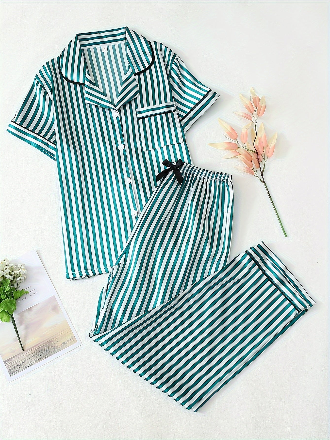 [2-Piece Satin Pajama Set] Satin Two-Piece Women's Pajama Set | Autumn Short Sleeve Hemmed Collar Top and Bow Trousers Striped