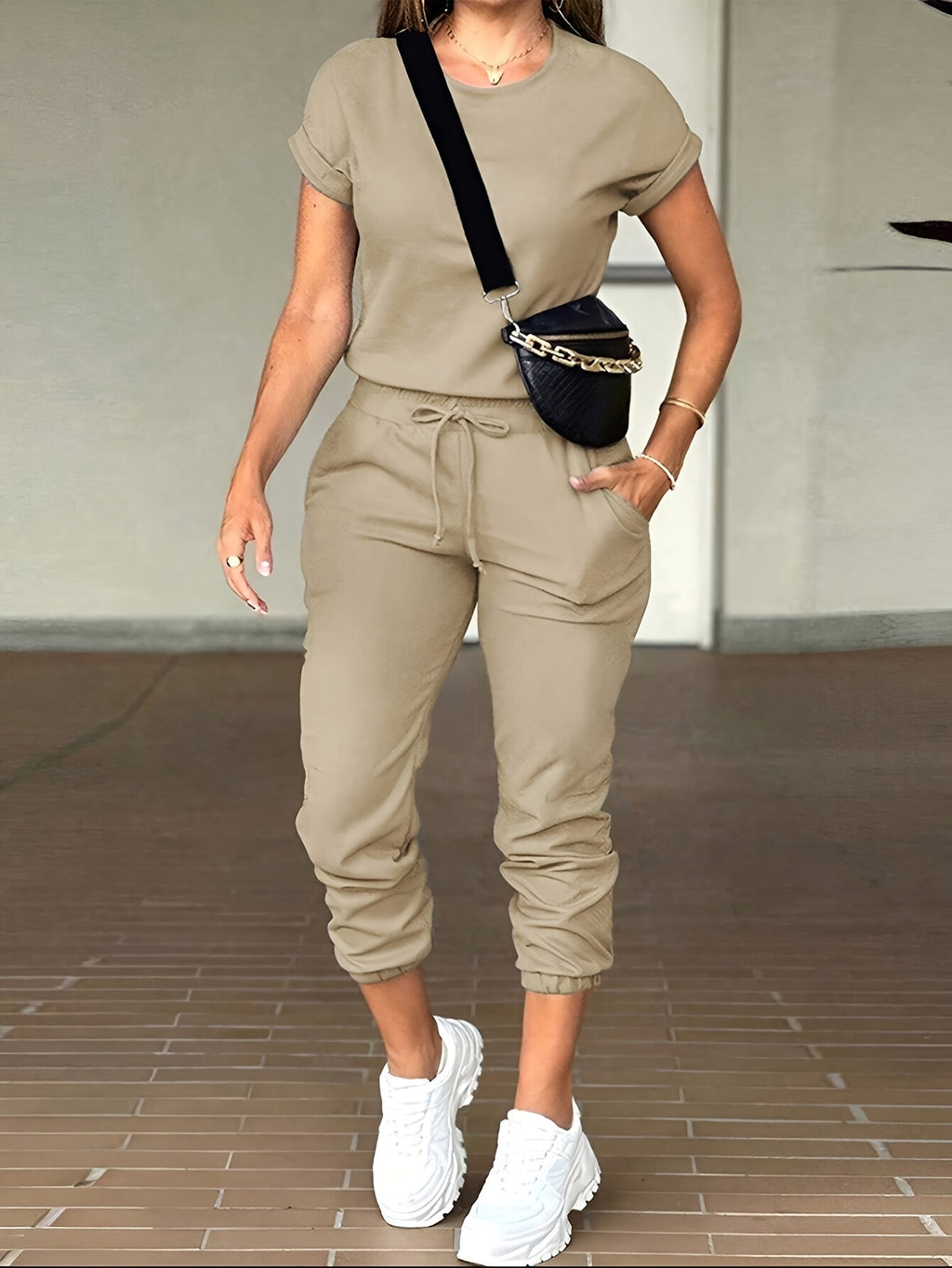 [Solid Color Suit] 2pcs Women Solid Color Casual Suit - Round Neck Short Sleeve Top And Drawstring Pocket Long Pants