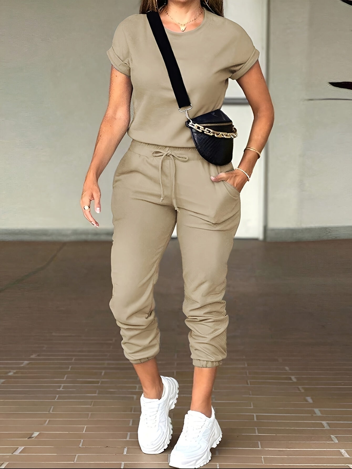 [Solid Color Suit] 2pcs Women Solid Color Casual Suit - Round Neck Short Sleeve Top And Drawstring Pocket Long Pants