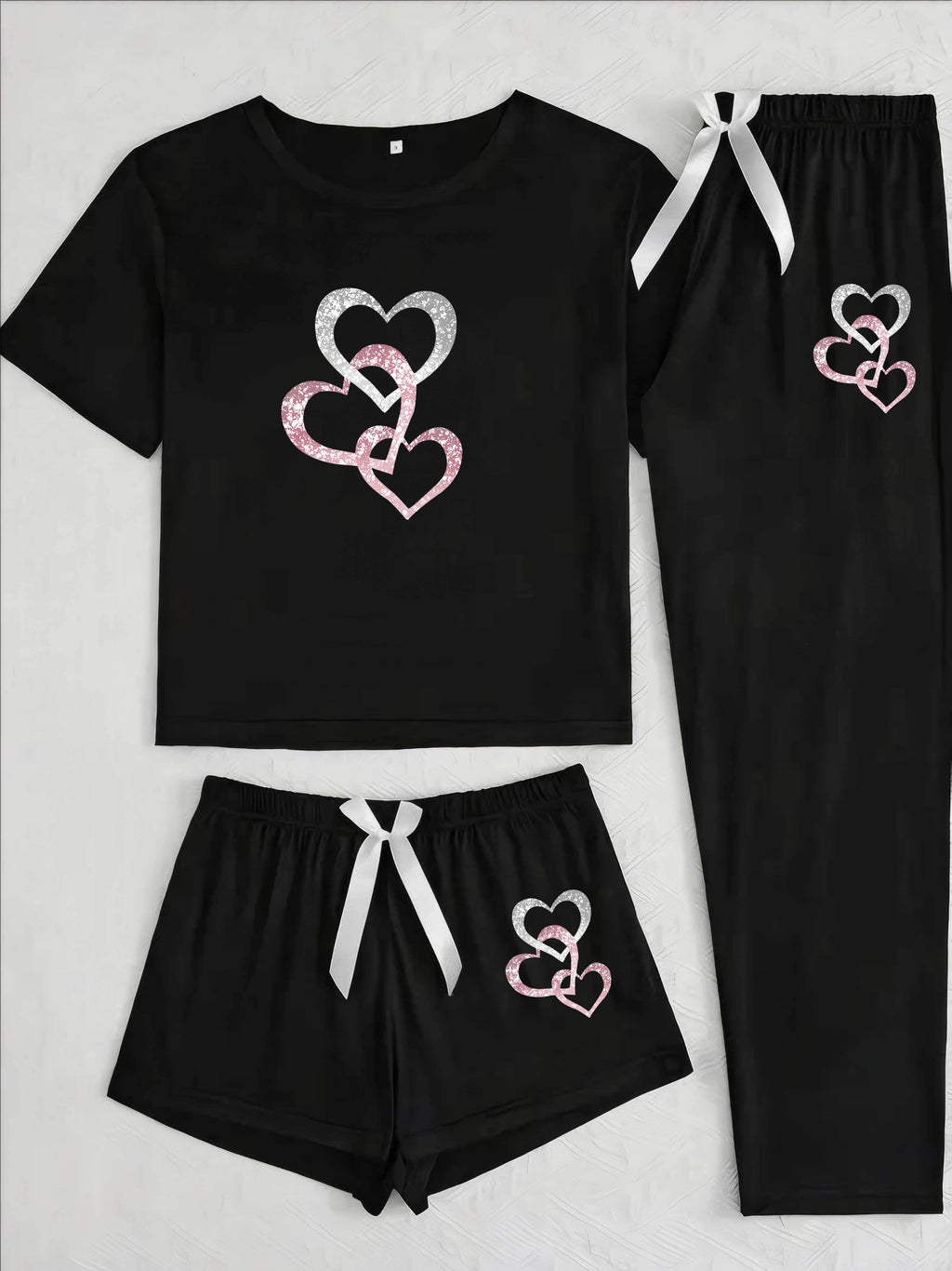 3pcs Women's pajama set with sparkling heart print, featuring a casual round-neck short-sleeve top and long pants, sweet patterned design, suitable for multiple seasons