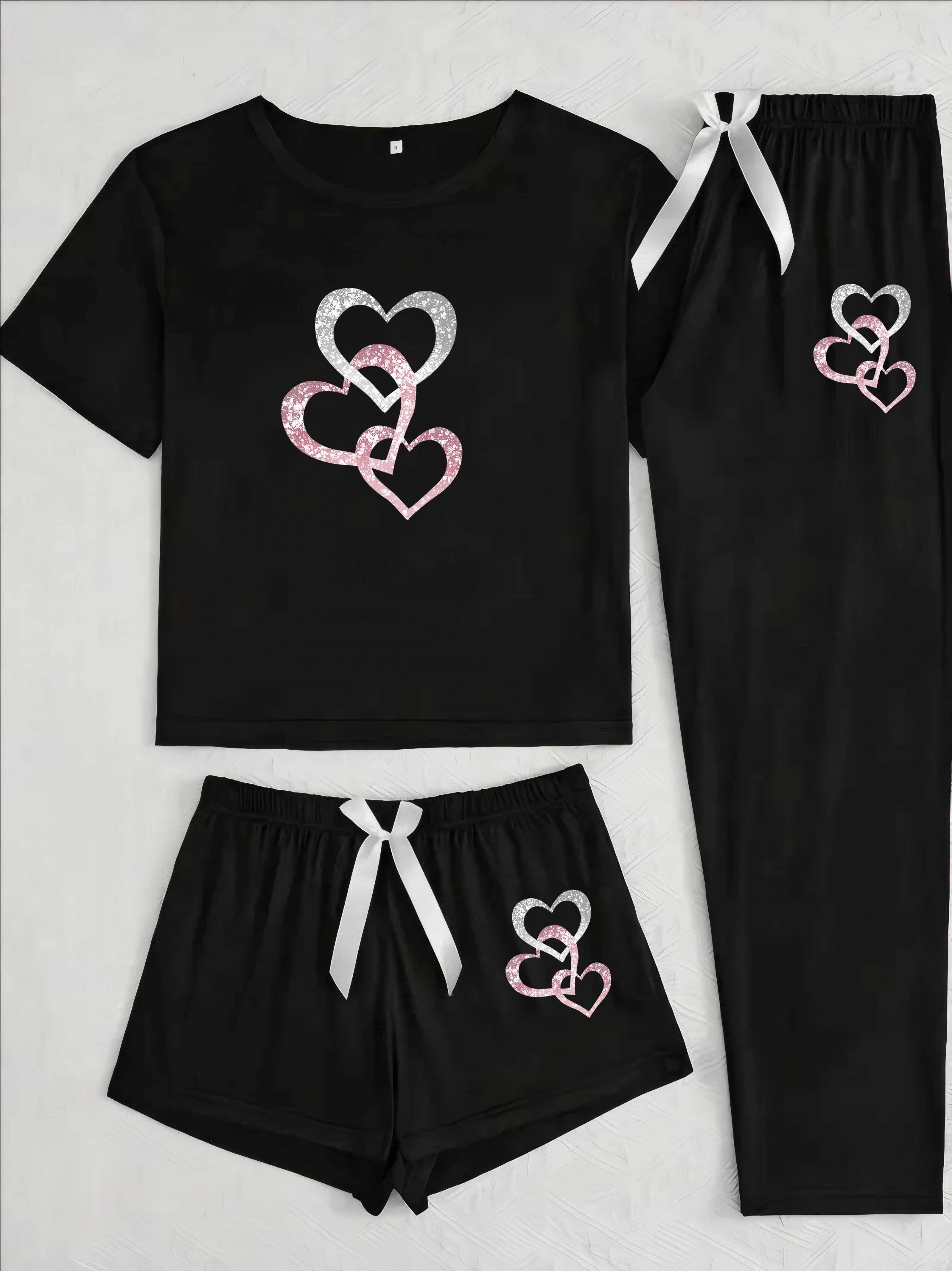 3pcs Women's pajama set with sparkling heart print, featuring a casual round-neck short-sleeve top and long pants, sweet patterned design, suitable for multiple seasons