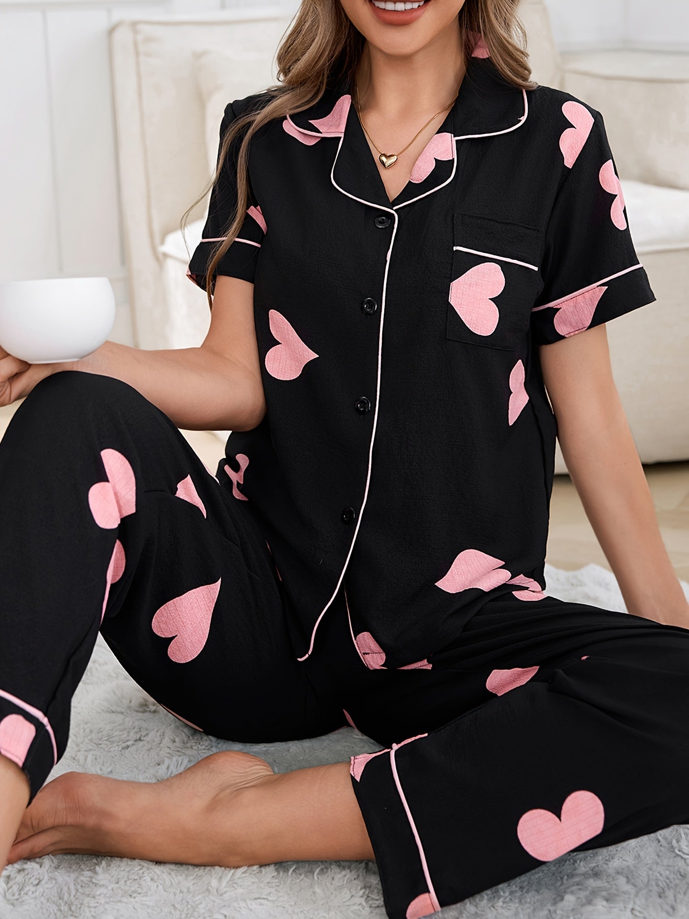 [Sweet Pajama Set] Sweet Colorful Women's Summer Pajama Set | Bubble Chiffon with Short Sleeves and Long Pants, Button-Top and Trousers for Home Wear
