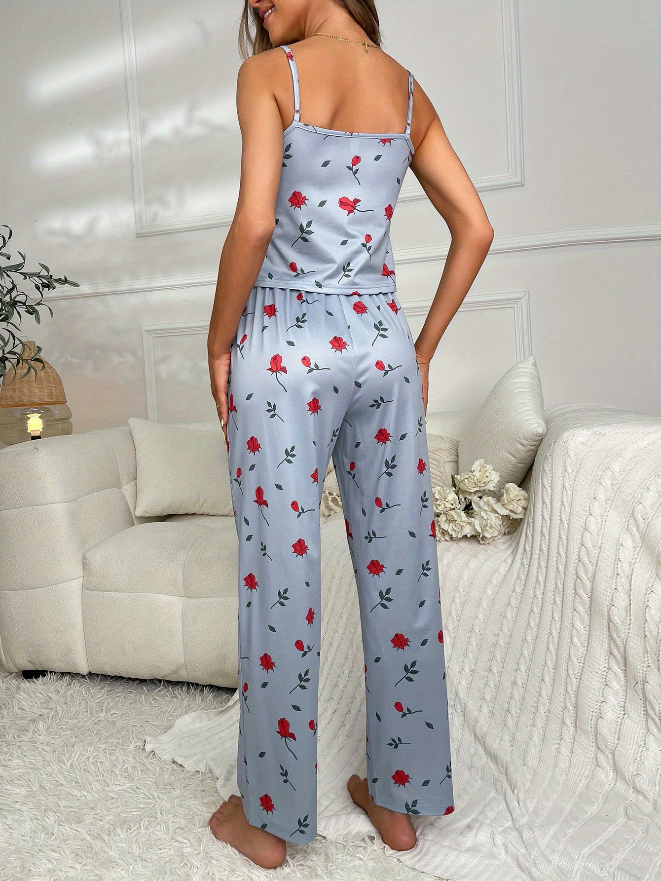 3 sets of 6pcs, Women's casual polyester black, blue and white camisole top long pants pajama set, heart, flower print, fabric, short sleeve top with trousers comfortable home casual loungewear sexy can be worn outside