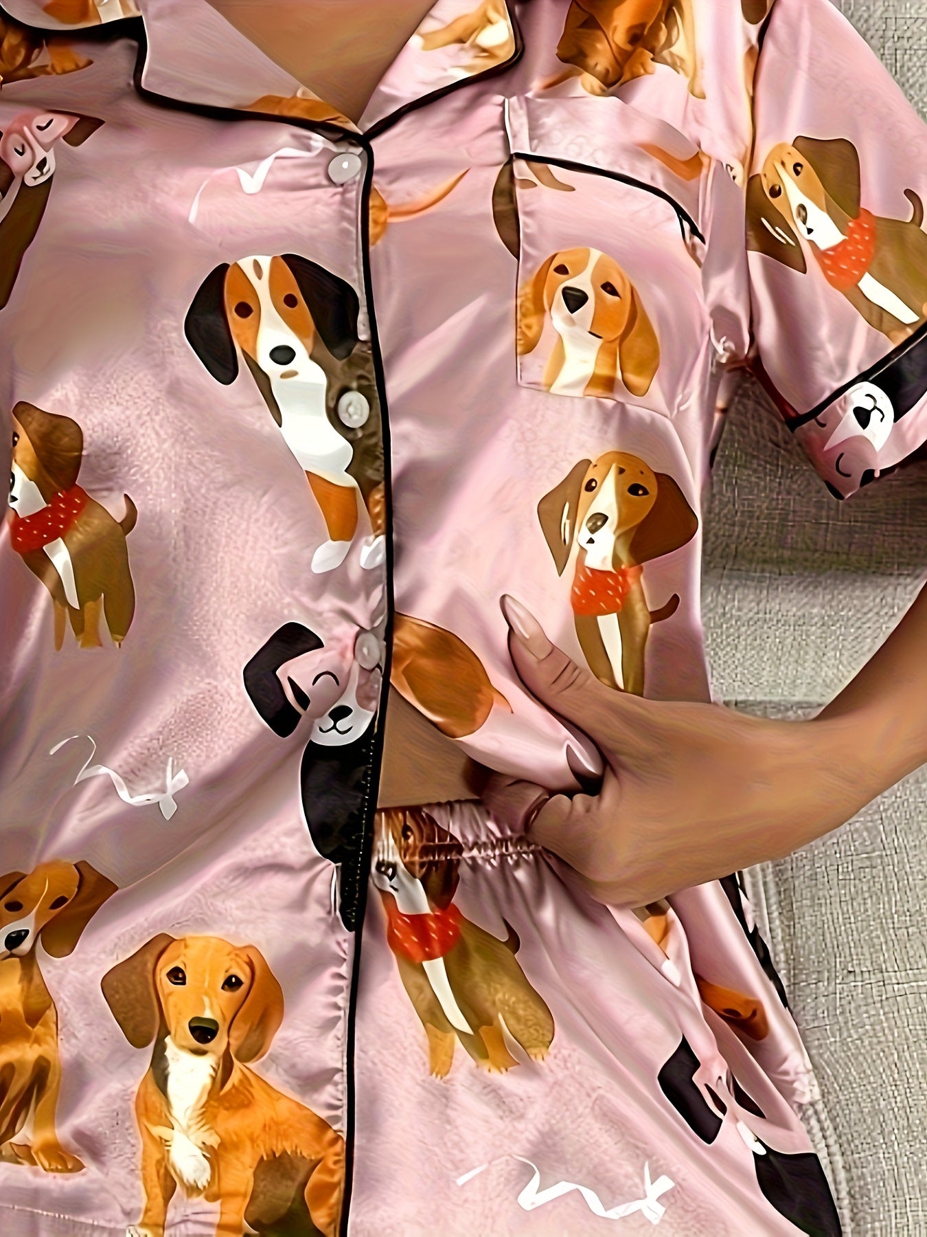 2pcs Set Of Satin Bean Paste Cartoon Dog Pajamas, Women's Short Sleeved Stand Up Collar Top And Shorts Pajamas Home Wear, 2pcs Set