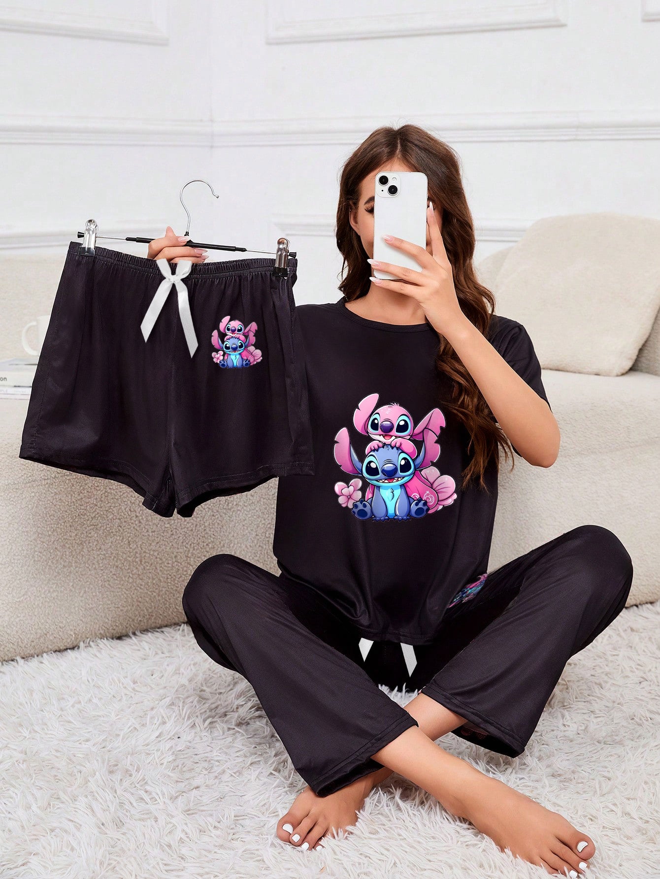 3pcs Stitch Cartoon Print Pajama Set - Black T-Shirt, Shorts & Pants with Pink & Blue Design, Soft & Comfortable, Perfect for All Seasons, Ideal Gift for Fans, Allseason Pajamas|Playful Design|Soft Fabric, Stitch Pajamas