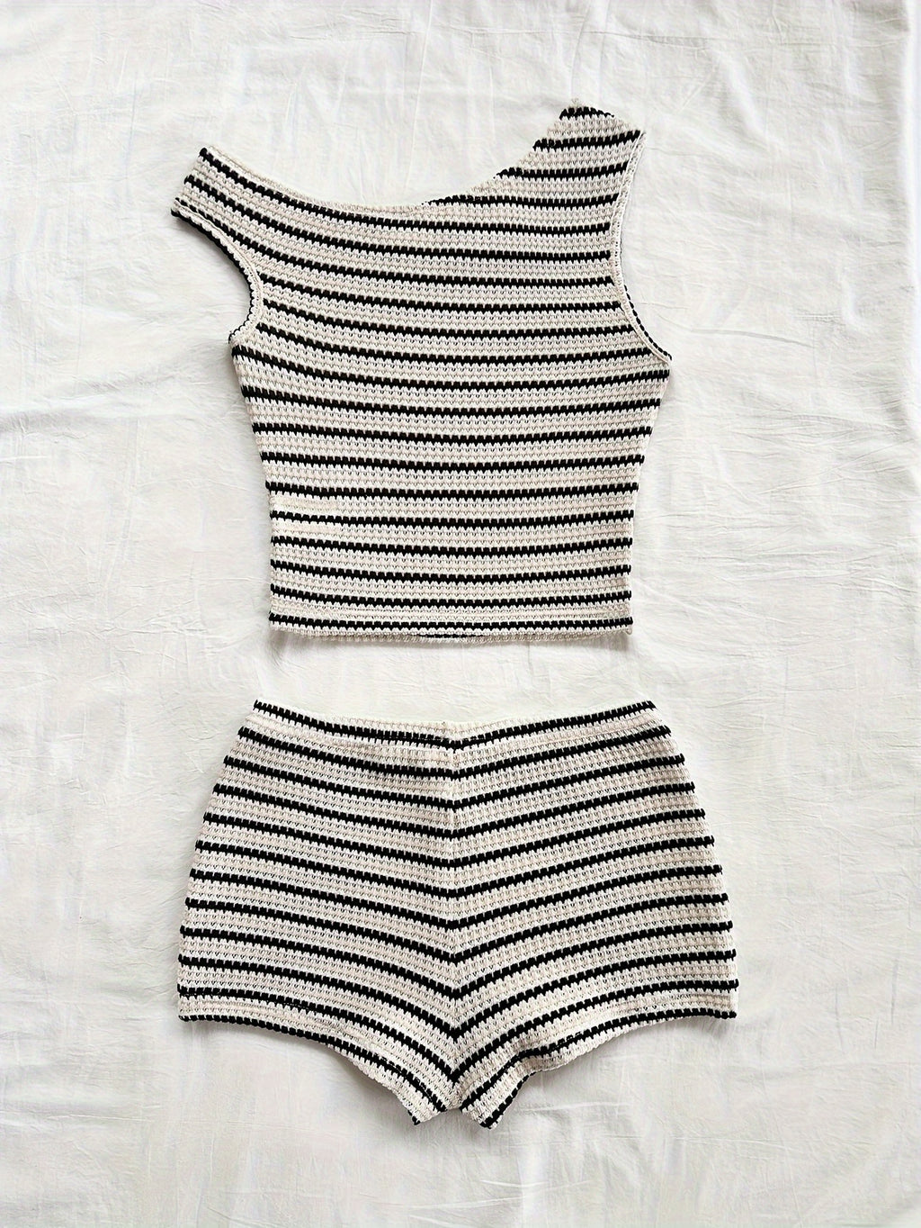 2pcs Set Women's Off-shoulder Vest Shorts Striped Pajama Set
