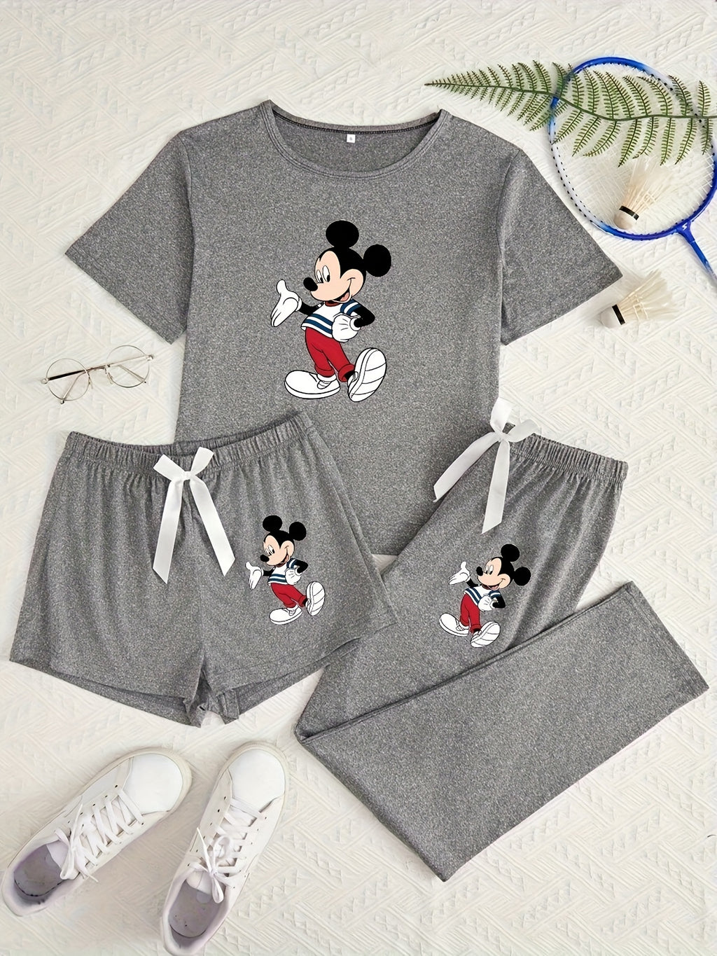 Disney Mickey And Minnie Pajama Set Cute Pop Printed Round Neck Short Sleeve Top And Pants 3pcs Set