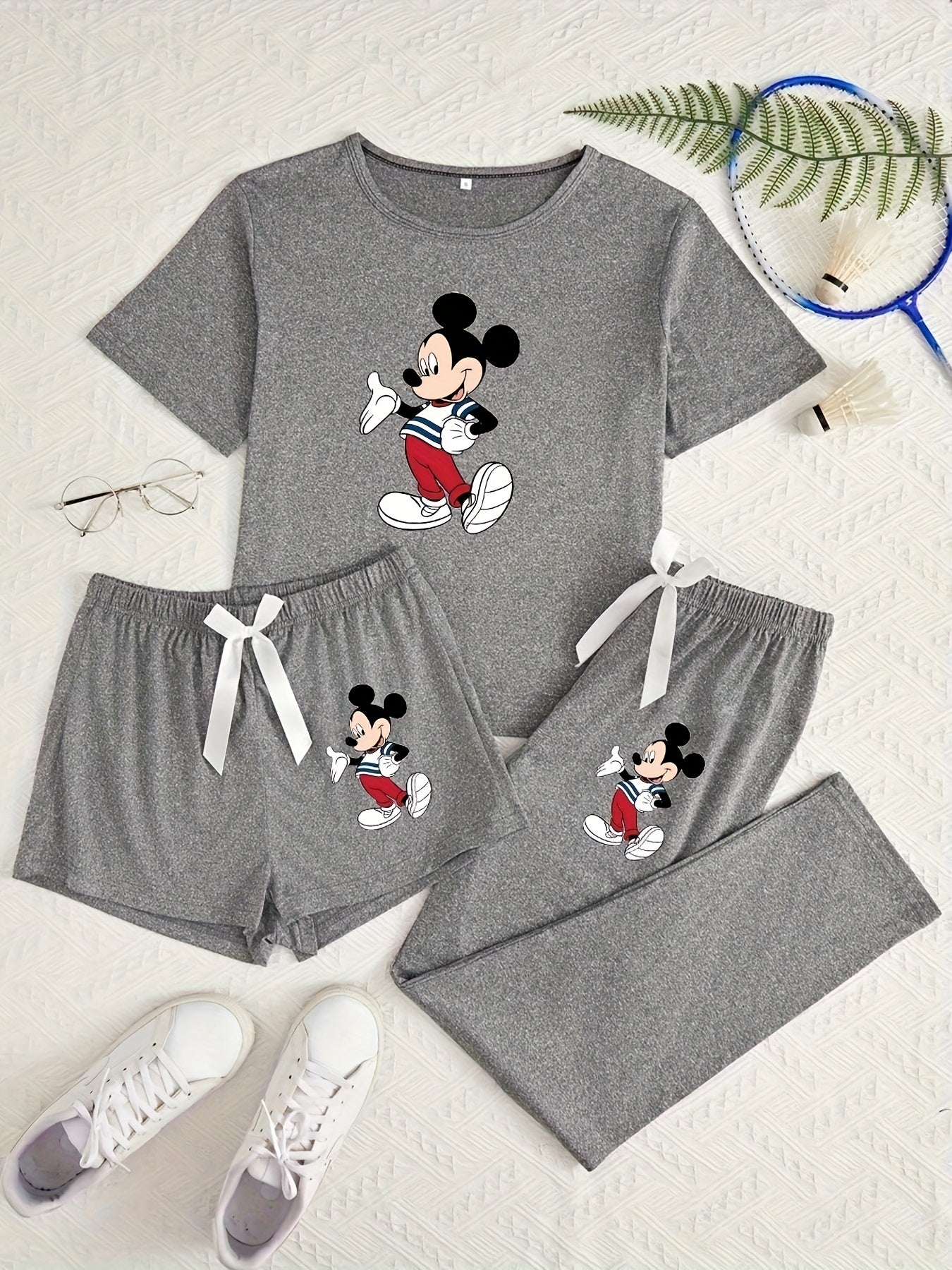 Disney Mickey And Minnie Pajama Set Cute Pop Printed Round Neck Short Sleeve Top And Pants 3pcs Set