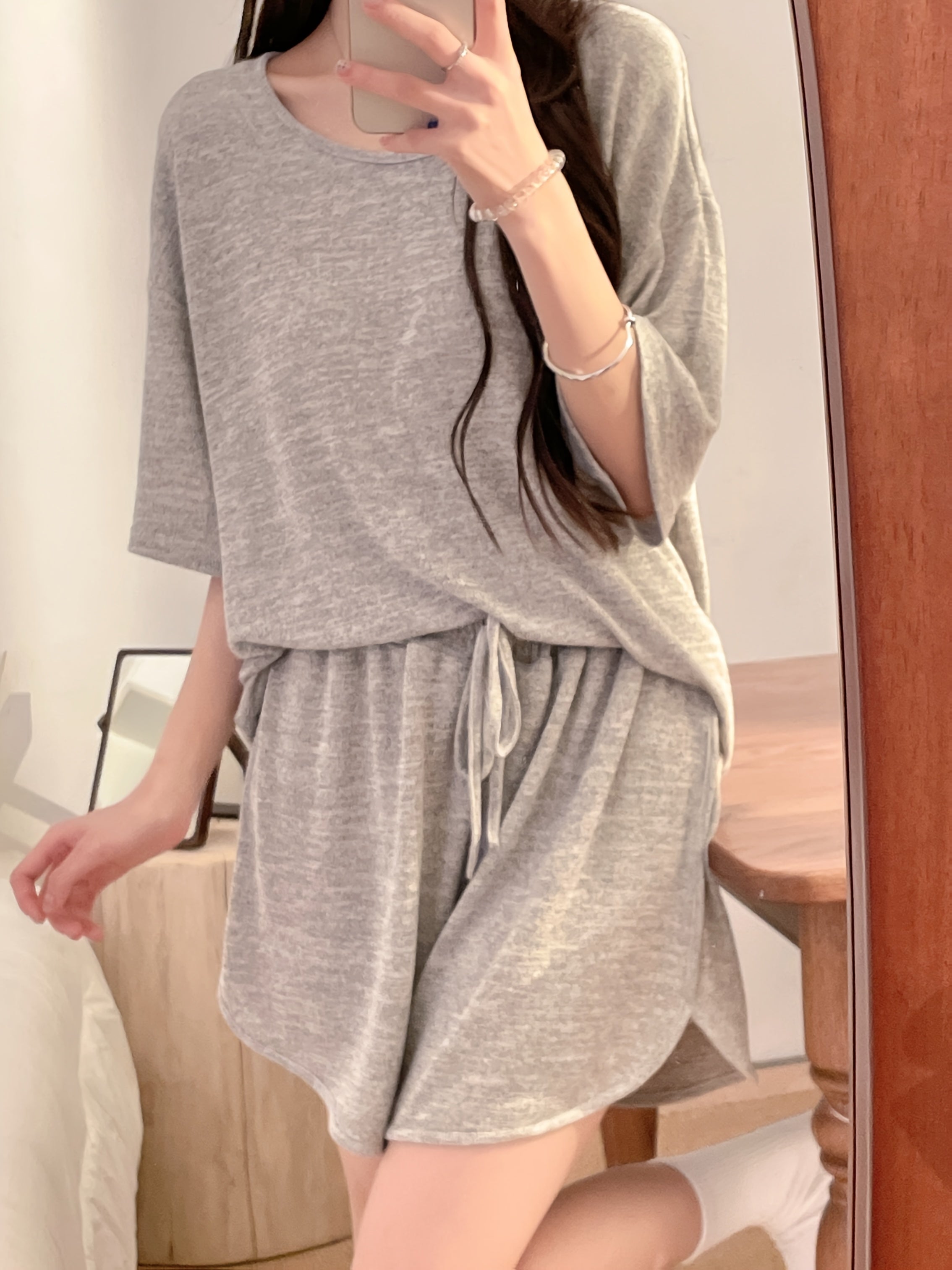 High-Quality Short Sleeve Shorts Solid Color Simple Loose Sleepwear with Built-in Bra Women's Summer Home Wear Two-Piece Set