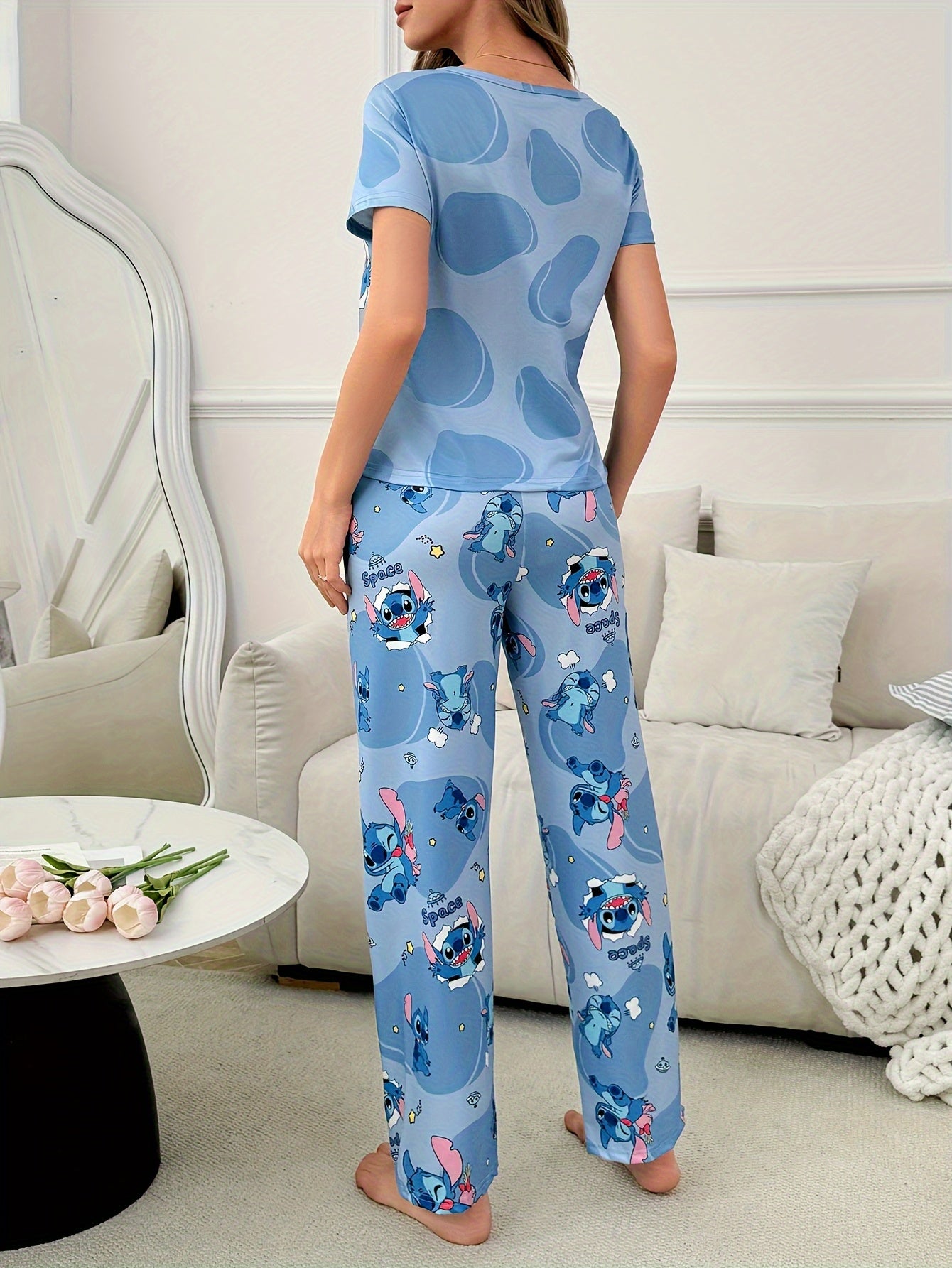 [Cute Printed Pajama Set] Cute Printed Women's Round Neck Short Sleeve Top | Star Pajama Set