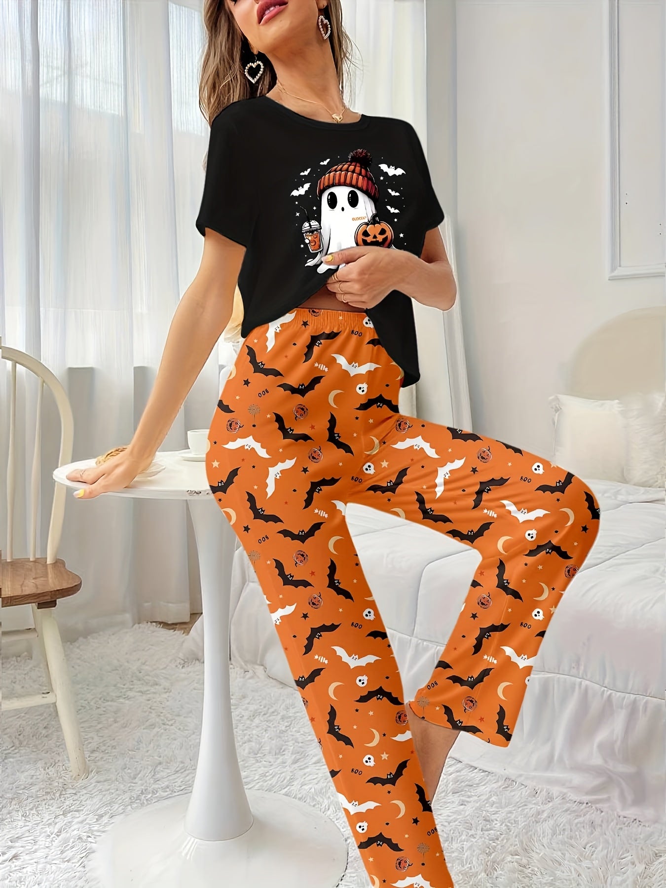 Women's 2pcs Halloween Pumpkin Print Short Sleeve and Long Pants Pajama Set