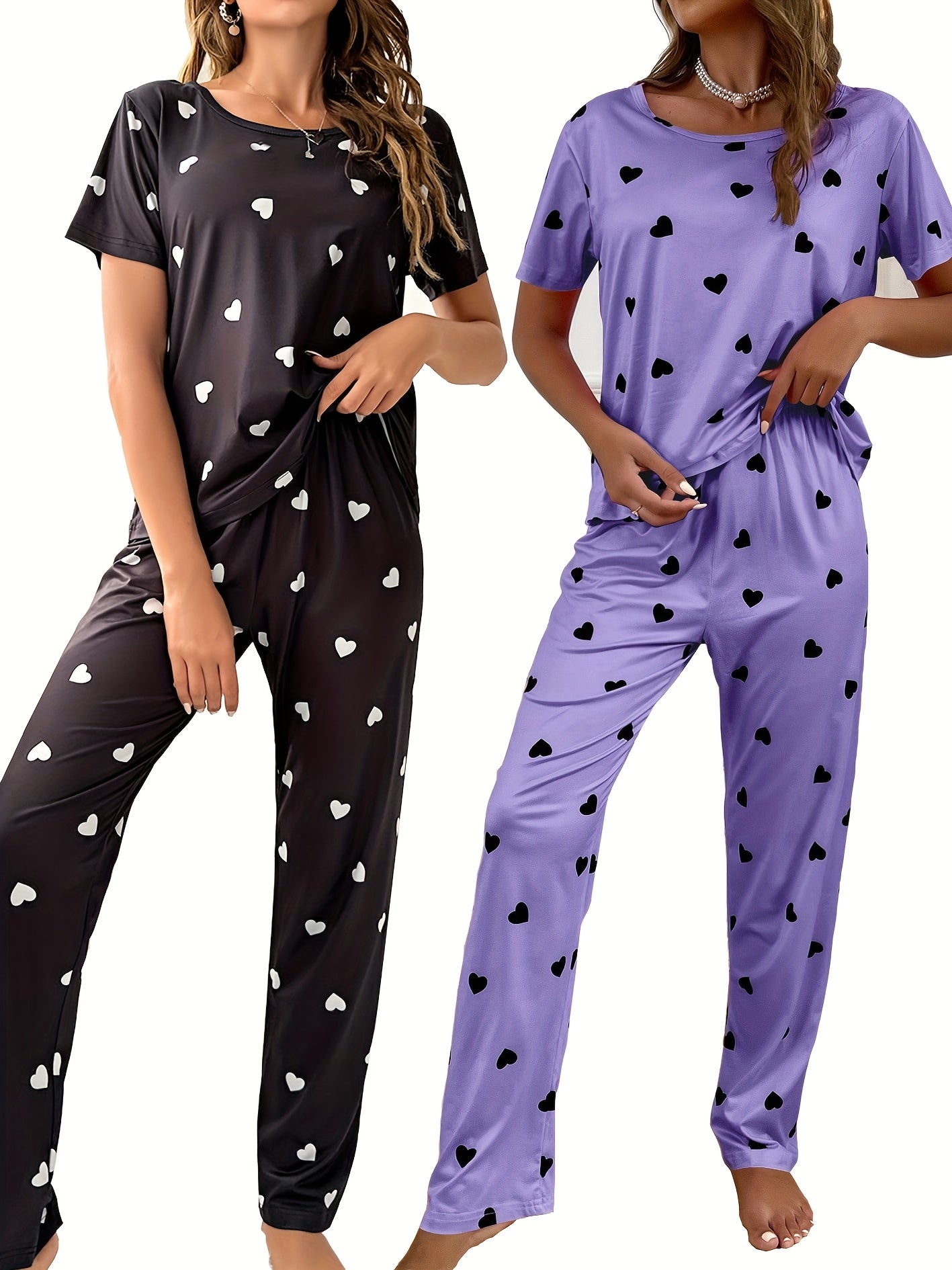 4pieces Sets Women'S Heart Print Pajamas Set, Casual Comfortable Short Sleeve T-Shirt & Elastic Waist Trousers Pj Set, Ladies Sleepwear For All Seasons