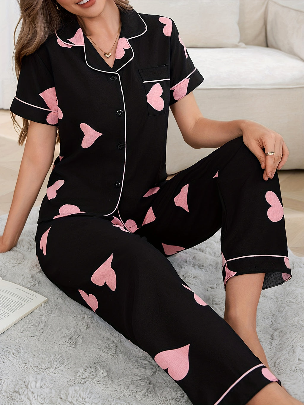 [Sweet Pajama Set] Sweet Colorful Women's Summer Pajama Set | Bubble Chiffon with Short Sleeves and Long Pants, Button-Top and Trousers for Home Wear