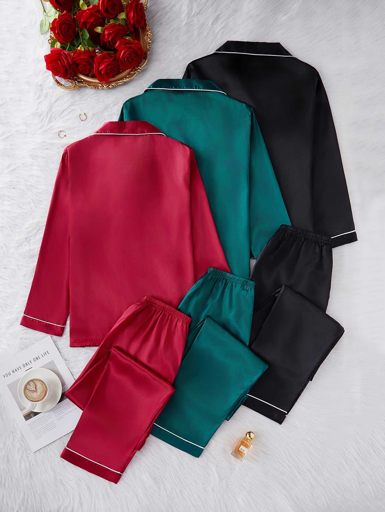 3pcs Set Solid Color Pajama Suit for Women with Long Sleeves and Casual Home Wear