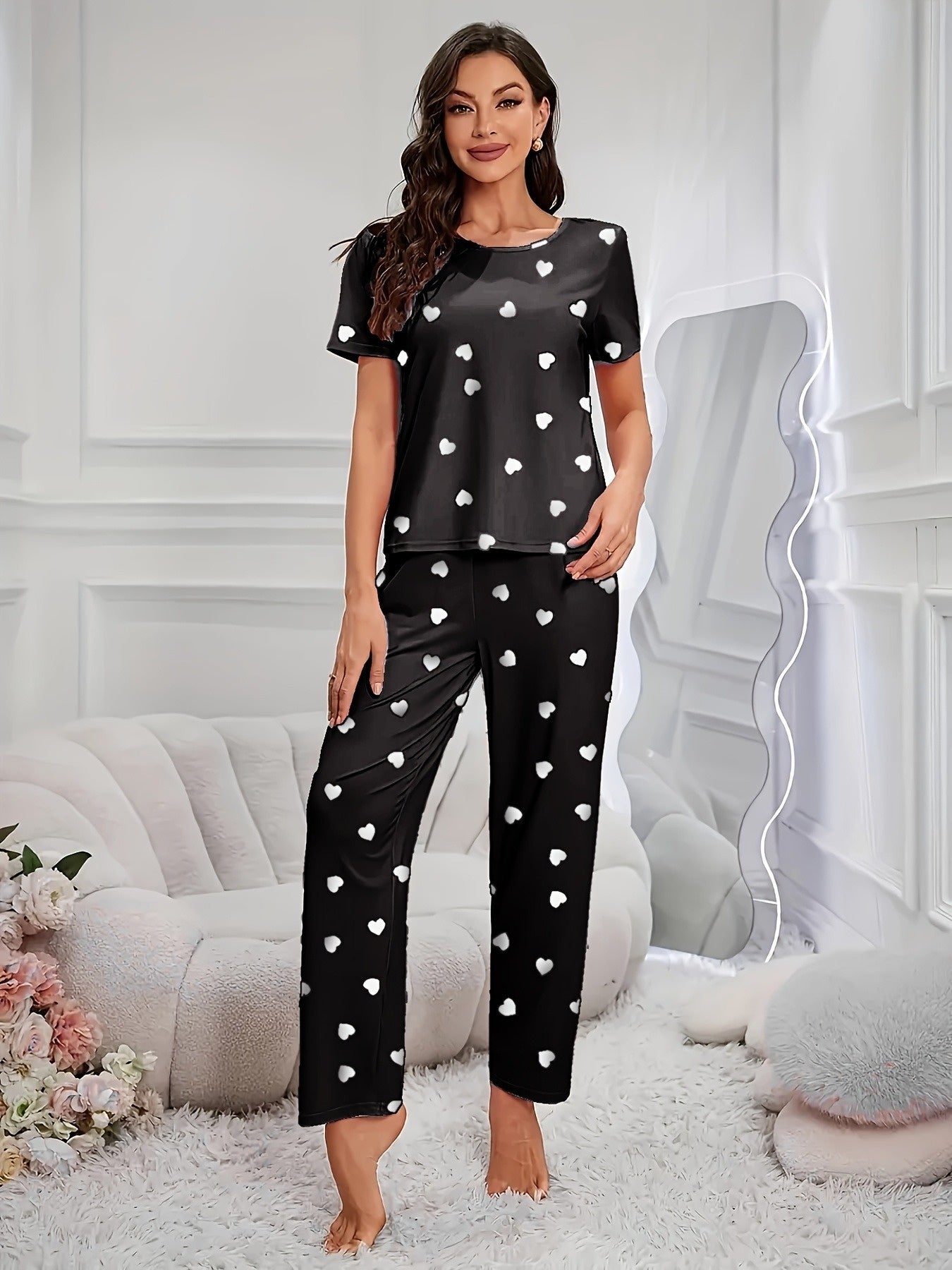 4pieces Sets Women'S Heart Print Pajamas Set, Casual Comfortable Short Sleeve T-Shirt & Elastic Waist Trousers Pj Set, Ladies Sleepwear For All Seasons
