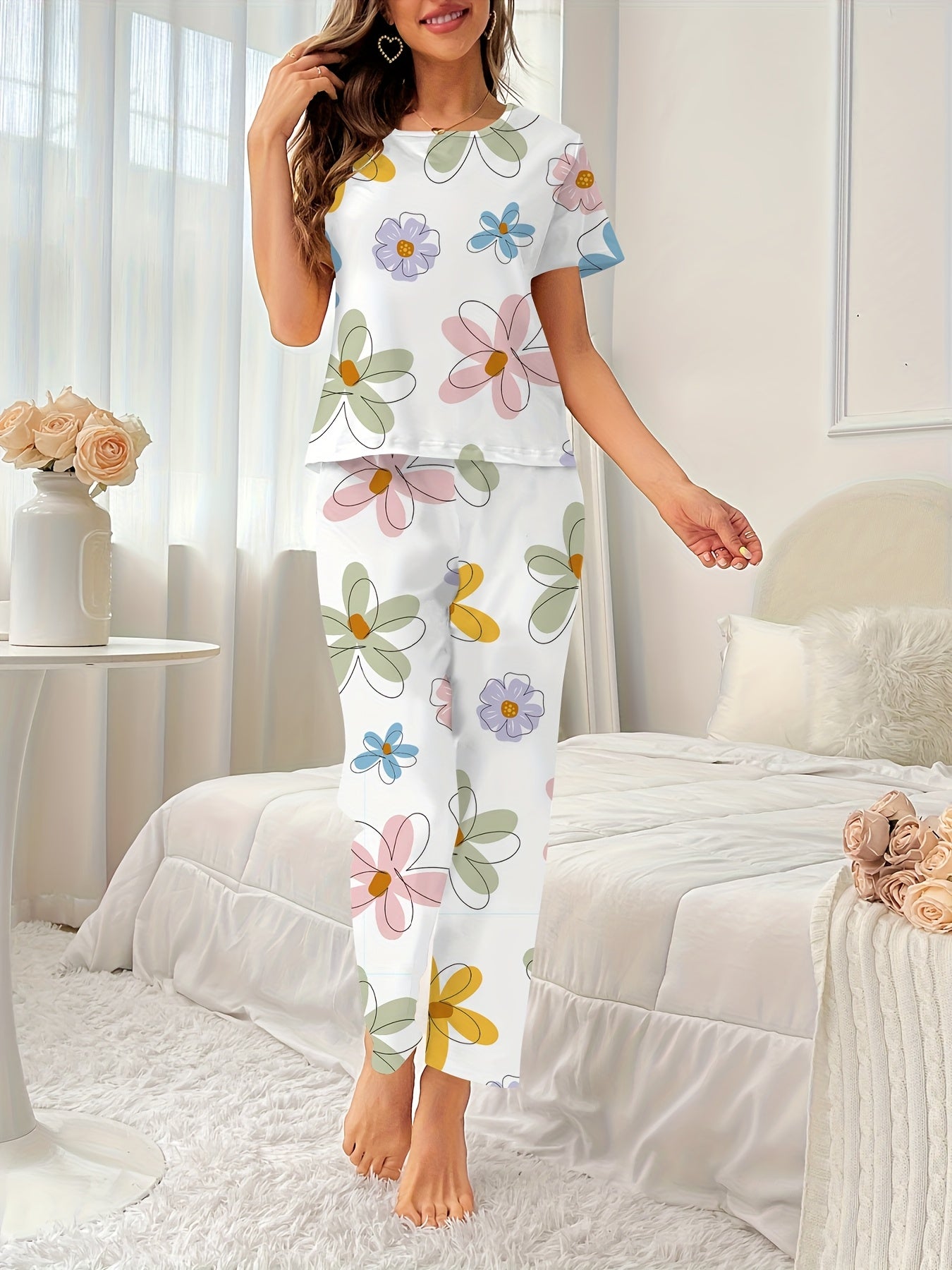 Women'S Floral Print Colorful Short Sleeve Pajama Set - Soft Polyester, Round Neck, Casual Sleepwear with Vibrant Flower Design, Perfect for Relaxing Nightwear, Relaxed Fit Pajamas | Floral Print Pajamas | Polyester Fabric