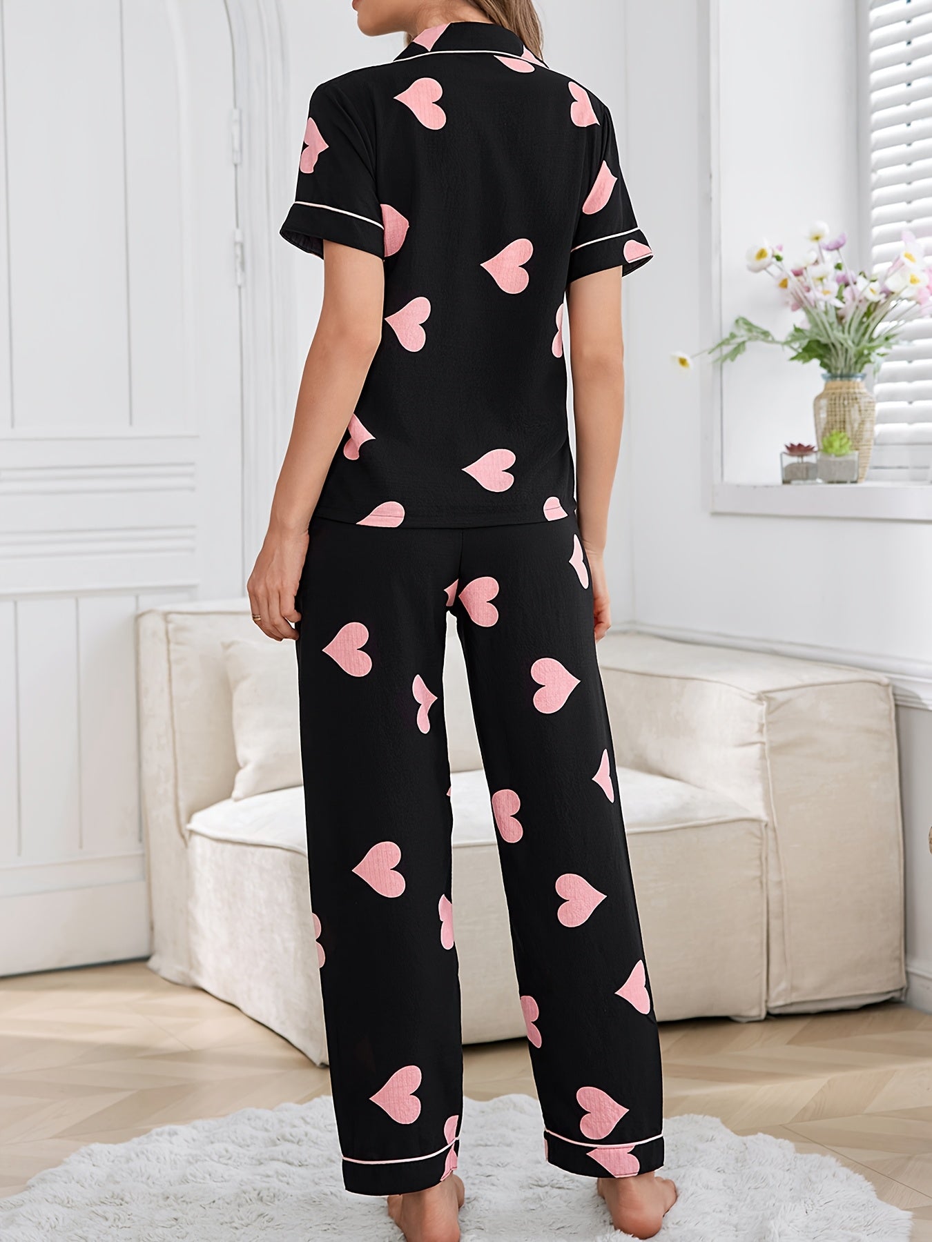 [Sweet Pajama Set] Sweet Colorful Women's Summer Pajama Set | Bubble Chiffon with Short Sleeves and Long Pants, Button-Top and Trousers for Home Wear