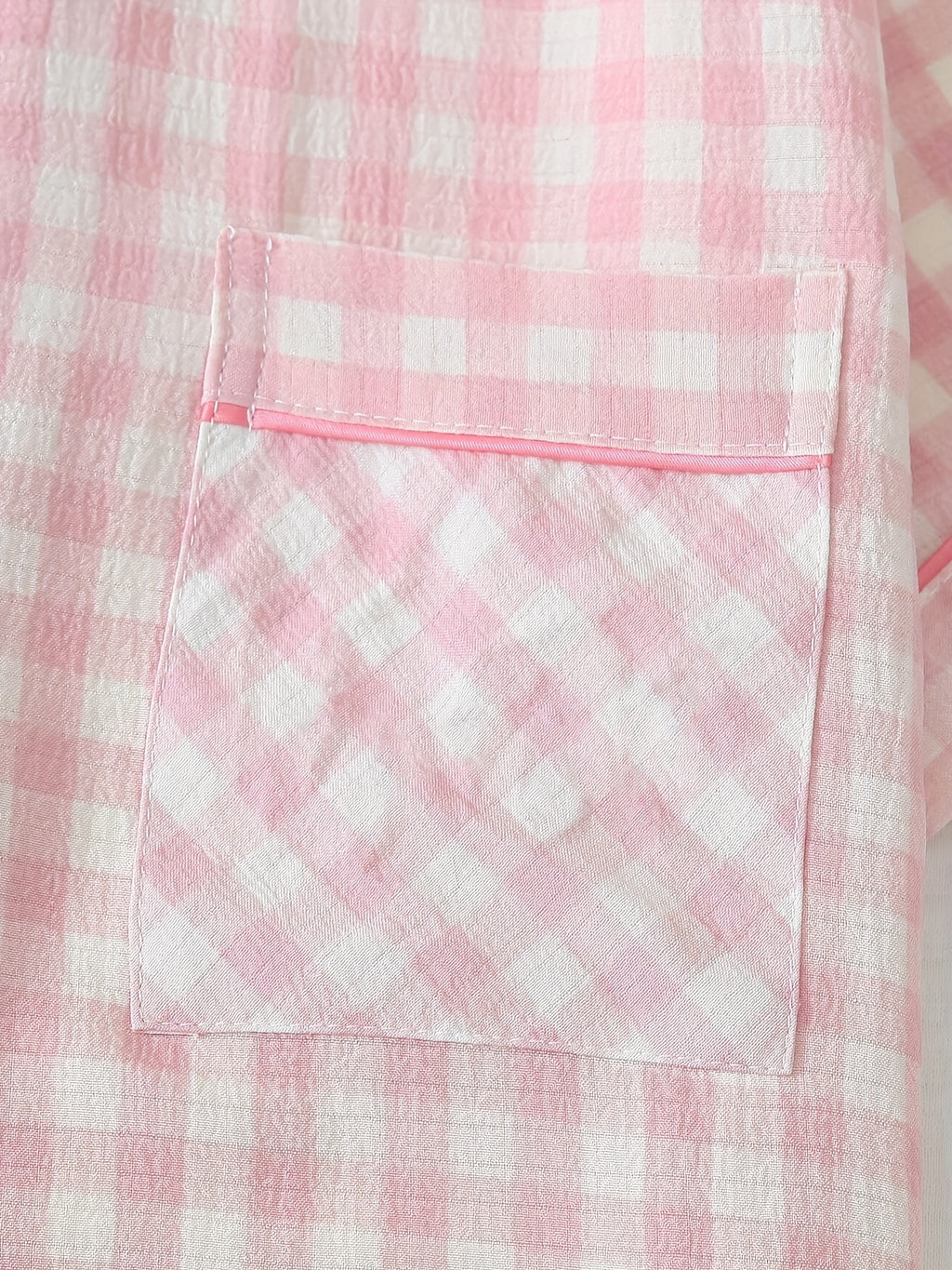 Checkered Print Pajama Set, Short-sleeved V-neck Button- Shirt And Stretch Trousers, Polyester Pajama Set, Machine Washable